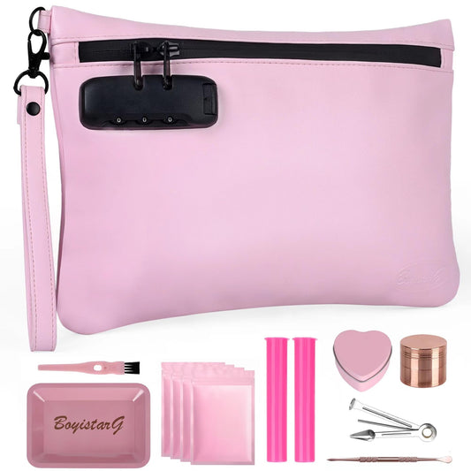 BOYISTARG PU Leather Gift Storage Bags with 8 Items -portable Travel Pouch with Combination Lock – Waterproof Airtight Zippers Bag with Activated Carbon Lining Travel Storage Case for Women -Pink
