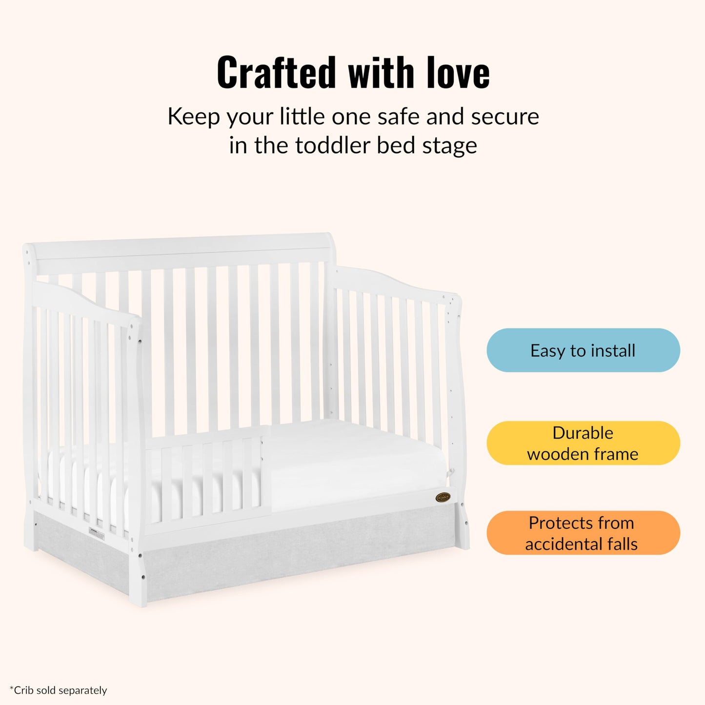Dream On Me Universal Convertible Crib Toddler Guard Rail in White, Compatible with Select Dream On Me Cribs, Crib to Toddler Bed Conversion, Easily Attachable