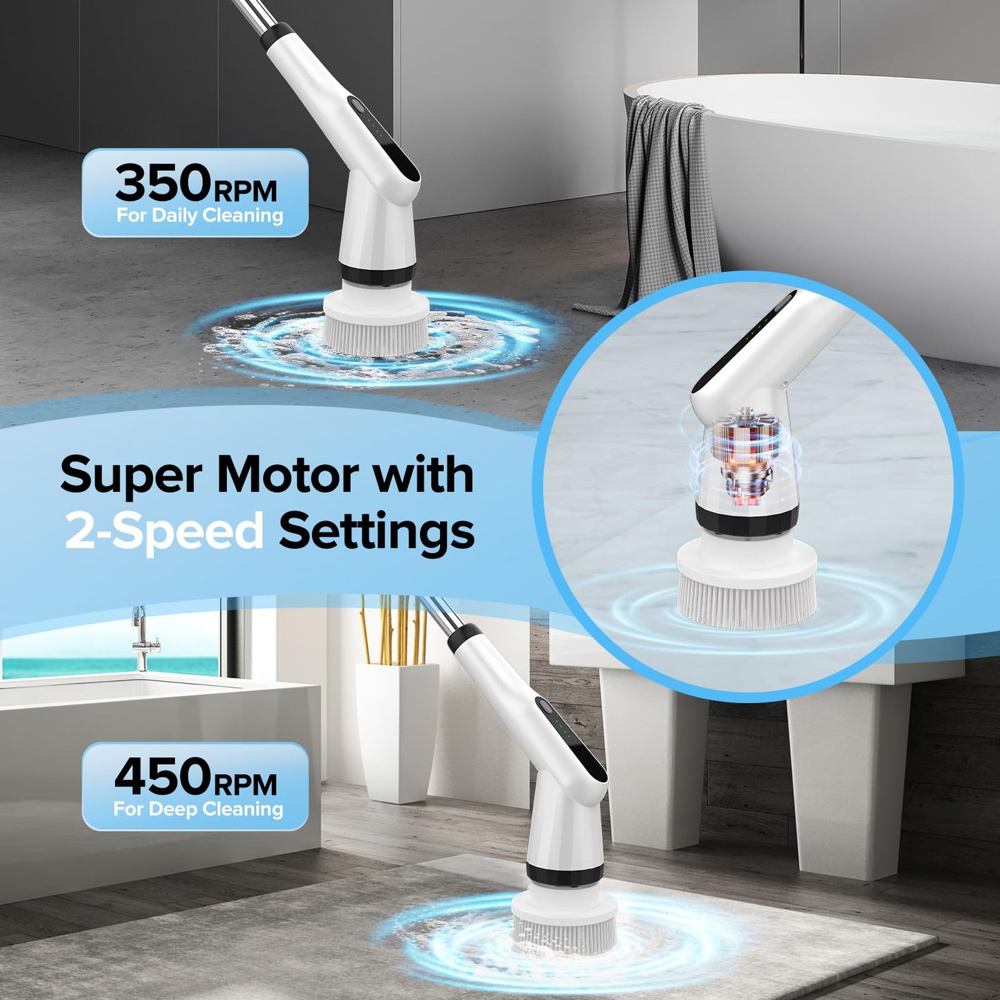 Electric Spin Scrubber, Dreazu IPX7 12-in-1 Bathroom Scrubber， Retractable Handle, 4-Speed Adjustable Shower Cleaner Brush for Bathroom, Bathtub, Kitchen, Tile Floors-Green