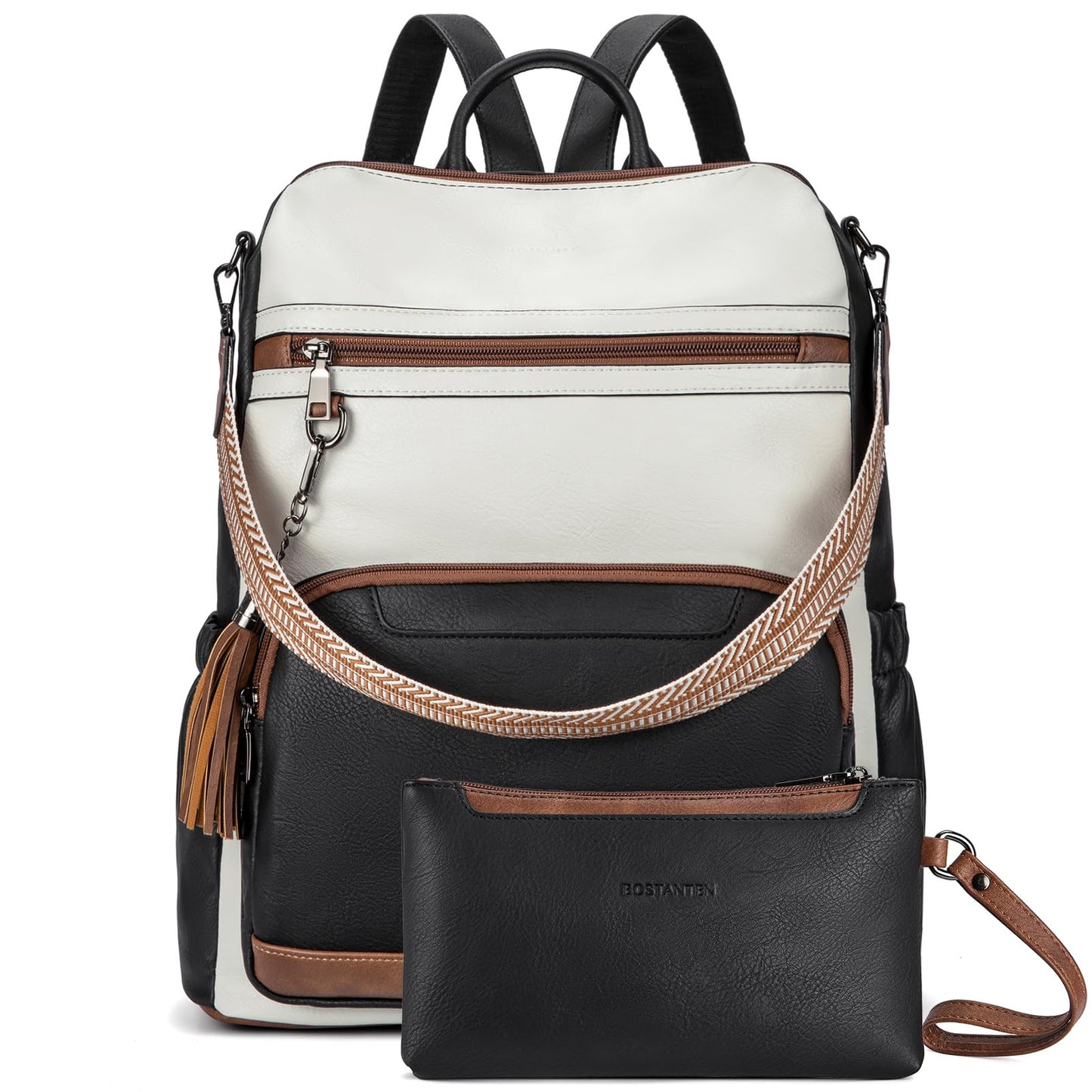 BOSTANTEN Leather Laptop Backpack for Women Designer Travel Backpack with Laptop Compartment Ladies Computer Shoulder Bags Black＆Beige＆Brown