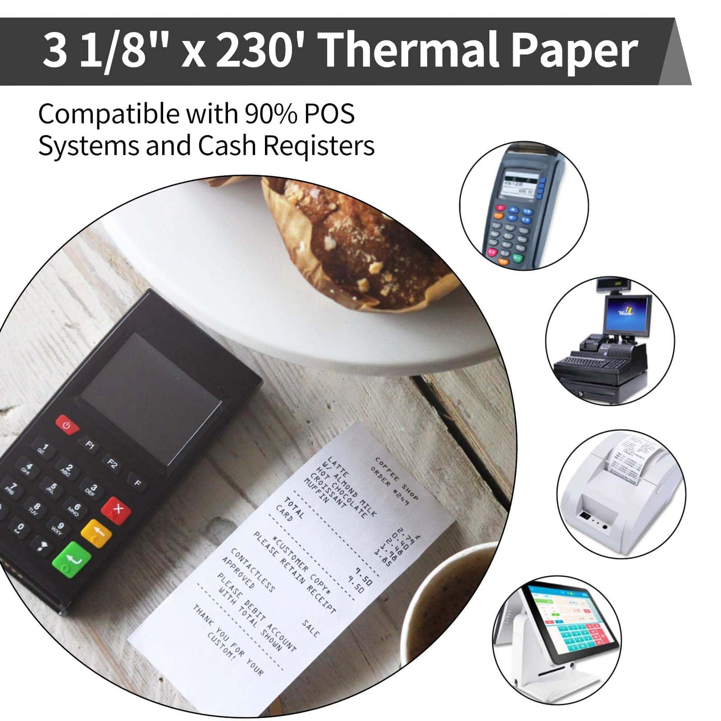 30 Rolls 3 1/8 x 230 ft Thermal Paper Receipt Rolls Cash Register POS Paper fits Credit Card Terminals, 80mm Thermal Receipt Paper, Thermal Paper Rolls - BPA Free