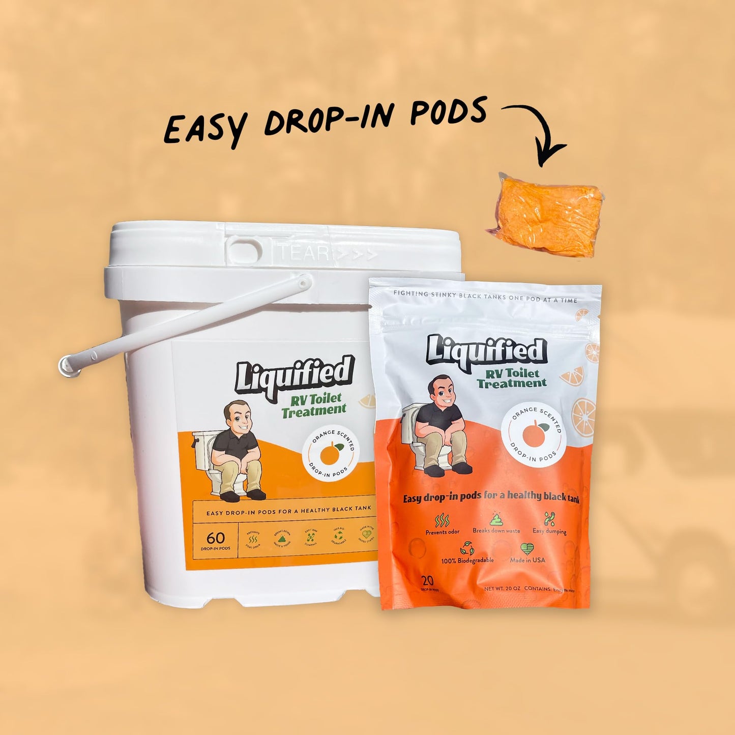 Liquified RV Toilet Treatment Drop-Ins - Prevents Tank Odors - Breaks Down Waste and Tissue - Septic Tank Safe - Matts RV Reviews - Orange Scent - 20 Treatments (20 1oz pods)