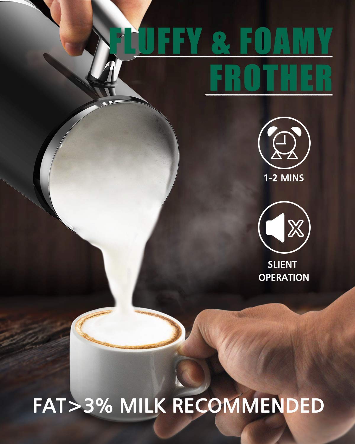 Huogary Electric Milk Frother, 4 in 1 Stainless Steel Milk Steamer, Milk Frother and Steamer for Coffee Milk Warmer for Latte, Cappuccinos, Macchiato (Black 3 in 1)