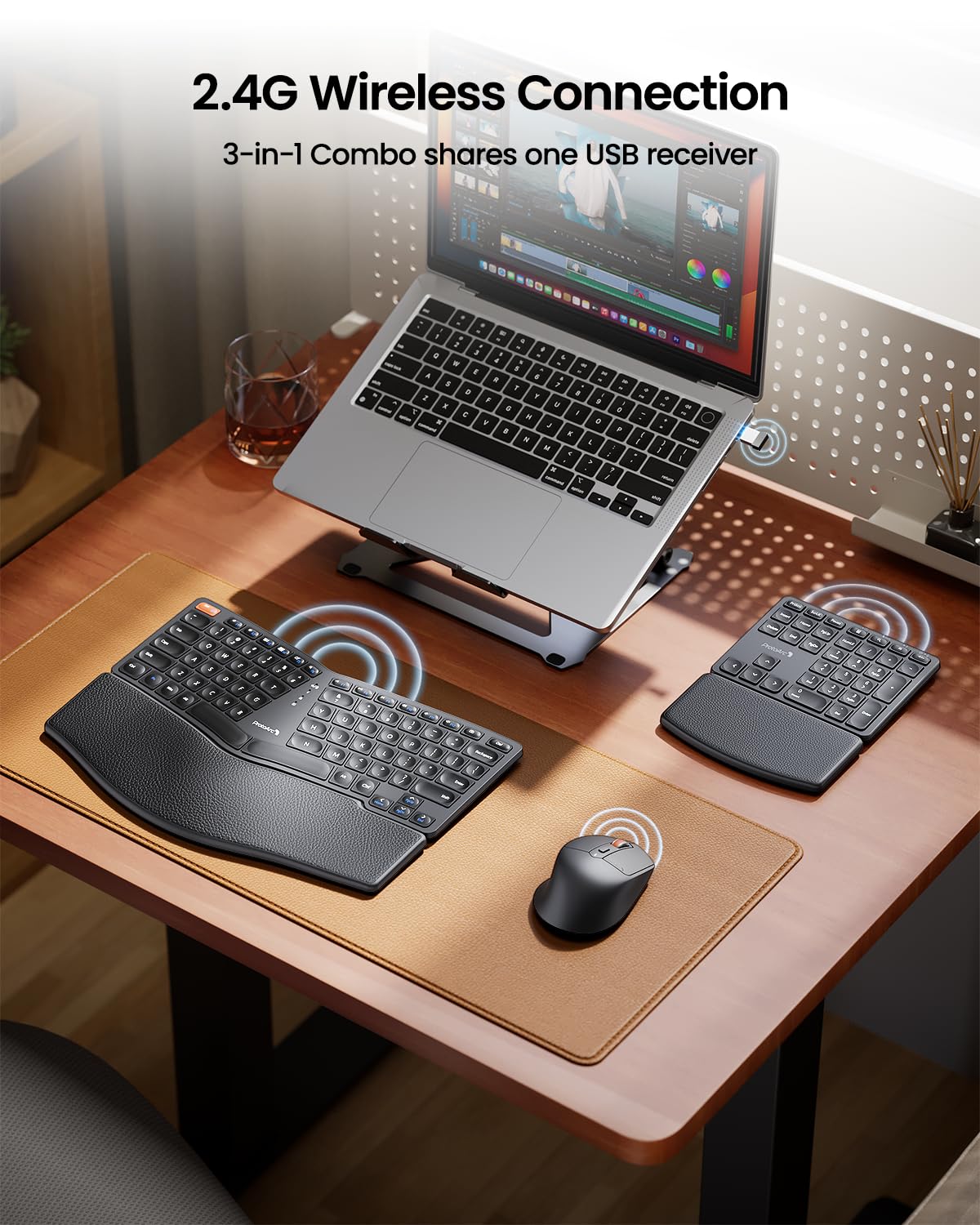 ProtoArc Ergonomic Keyboard Mouse, EKM04 2.4GHz Wireless Ergo Keyboard Mouse Combo, Separate Numeric Keypad, Split Design, Wrist Rest, Rechargeable, for Desktop, PC, Laptop, Windows