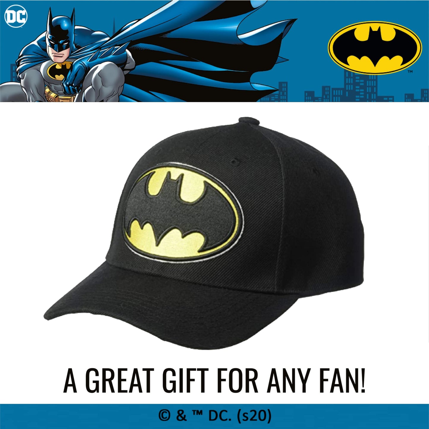 DC Comics Batman Baseball Hat, Embroidered Logo Adjustable Cap with Curved Brim, Black, One Size, Black/Yellow, One Size