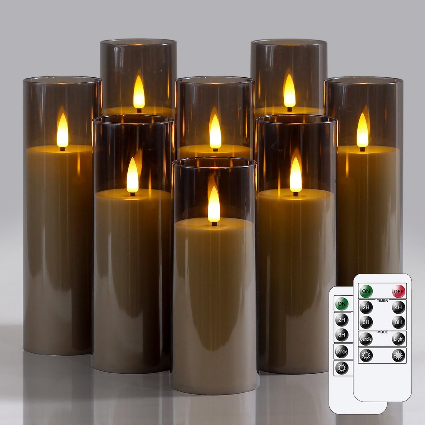 Wroxipel Pack of 8 Acrylic Flameless Flickering 2.2" x5" 6" 6" 7" 7" 7" 8" 8" Grey Plastic Candles with Remote, LED Battery Operated Cycle Timer Bulk Long Lasting Realistic Pillar Candles