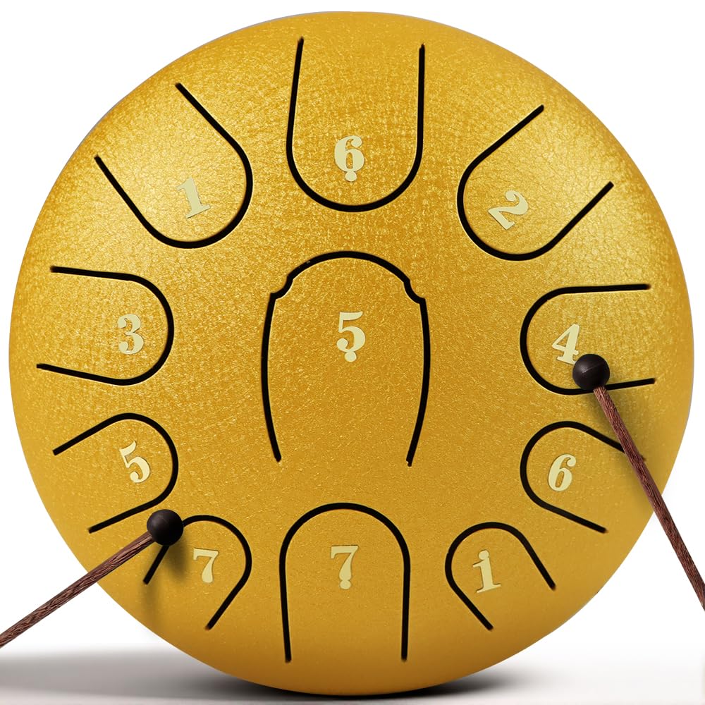 Rain Drum for Outside Garden,Steel Tongue Drum 6 Inche 8 Note Steel Drums Rain Chime,with Soft Bag,Music Book (Yellow, 6 Inch 11 Note)