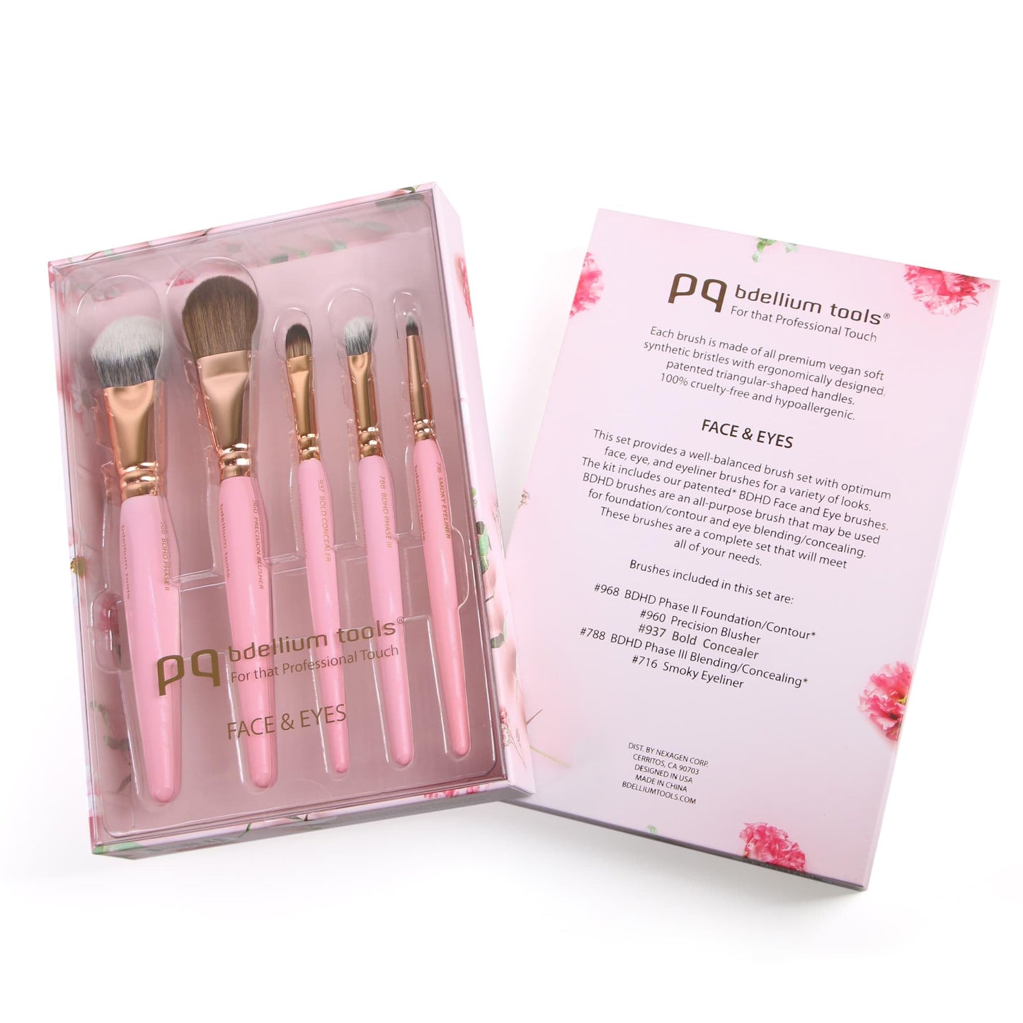Bdellium Tools Pink Golden Triangle Face & Eyes Makeup Brush Set - Well-balanced Brush Set with Soft Synthetic Bristles and Rose Gold Brass Ferrule for a Variety of Looks (Pink, 5 pcs)