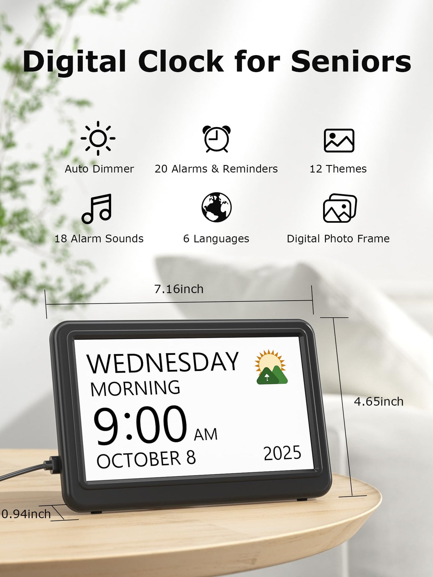 Dementia Clock for Seniors with 20 Alarms & 20 Reminders, 12 Themes, 18 Alarm Sounds, 10-Level Dimmer with Sleep Mode, Digital Calendar Day Clock, Dementia Clock with Date and Time for Elderly