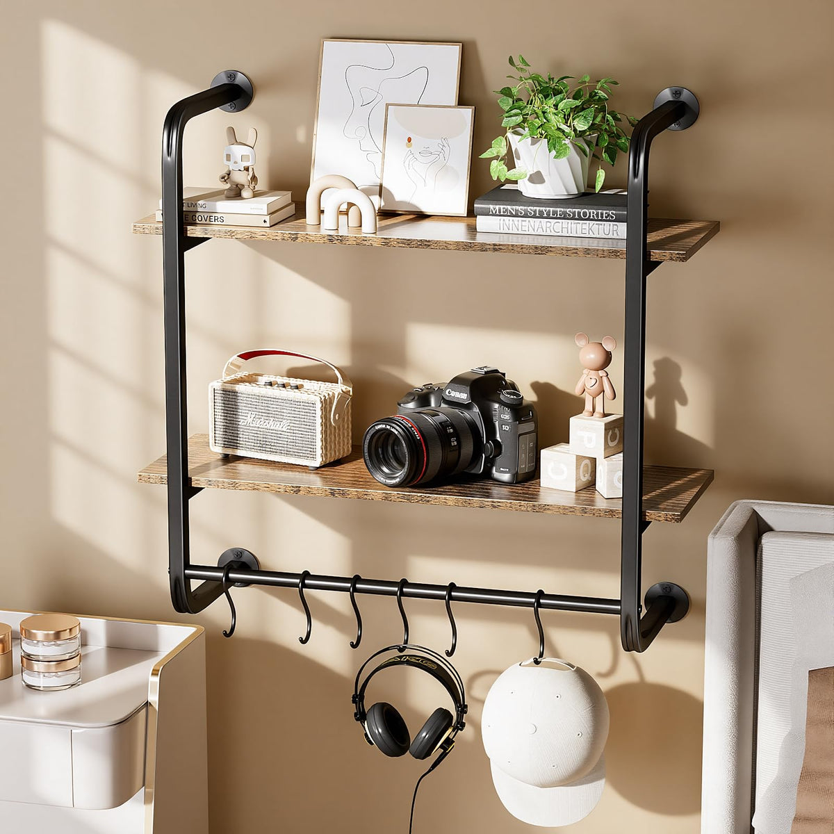 Kssiaz 2 Tier Industrial Pipe Floating Shelf, 24" Kitchen Wall Shelves with Towel Bar & 6 Hooks, Coffee Bar Shelves Display Bookshelf Wall Shelf for Kitchen, Bathroom, Home Décor, Rustic Brown