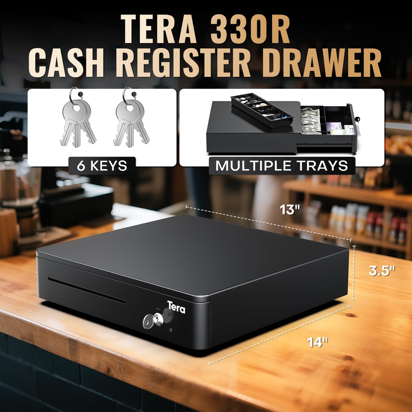 Tera 13" Auto Open Cash Register Drawer Heavy Duty with Fully Removable Insert Tray 5 Keys 4 Bill 6 Coin Media Slot 24V RJ12 Key-Lock (Round Corner) for Point of Sale (POS) System Small Business 330R