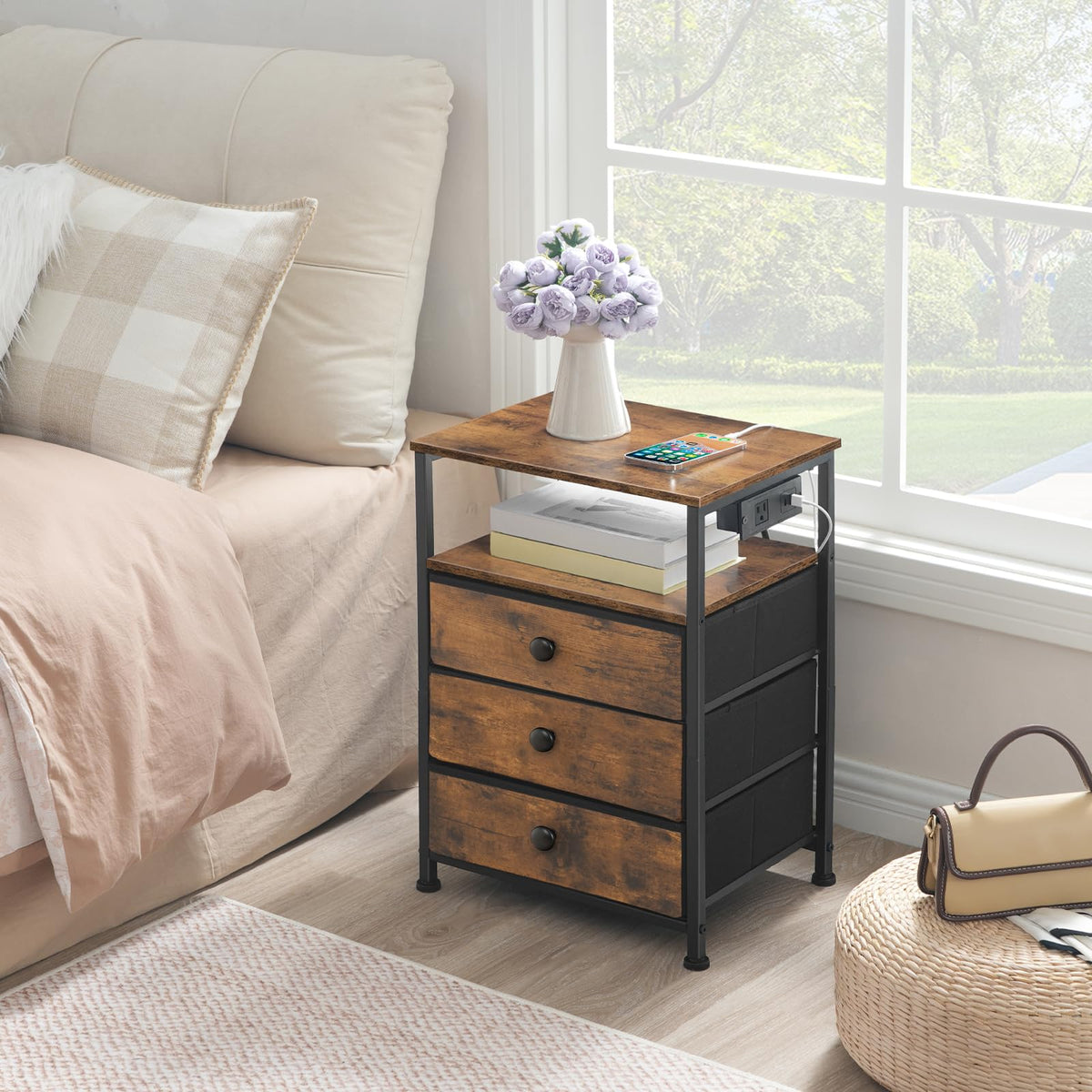 HOOBRO Bedside Table with Charging Station, Narrow Side Table with 3 Non-Woven Fabric Drawers, End Table with Open Storage, Nightstand for Small Spaces, Rustic Brown and Black BF403UBZ01