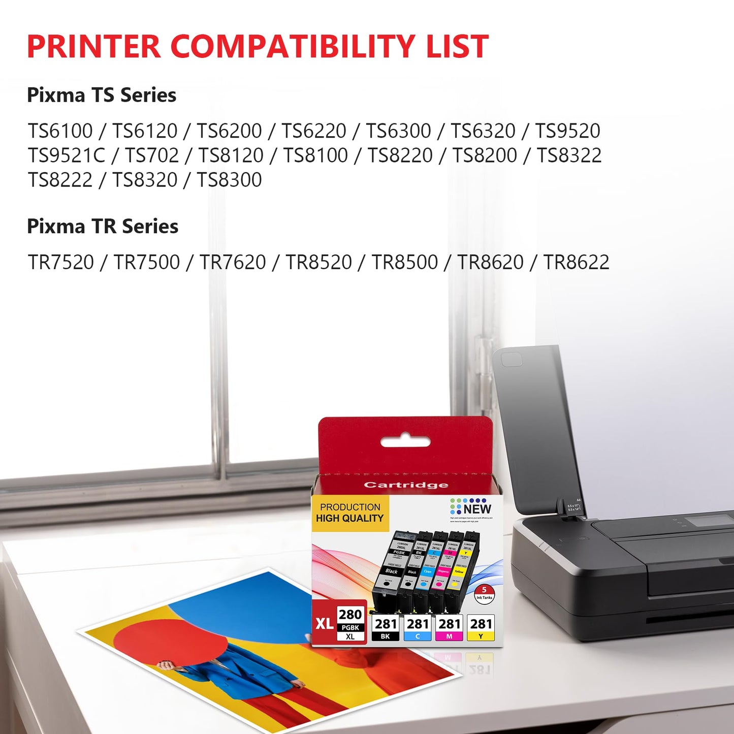 PGI-280XL/CLI-281XL Compatible Ink Cartridge Replacement for Canon Ink 280 and 281 Cartridge PIXMA TR7520 TR8520 TR8500 TR8600 TR8620 TS6120 TS6220 TS9120 (5 Value Pack)