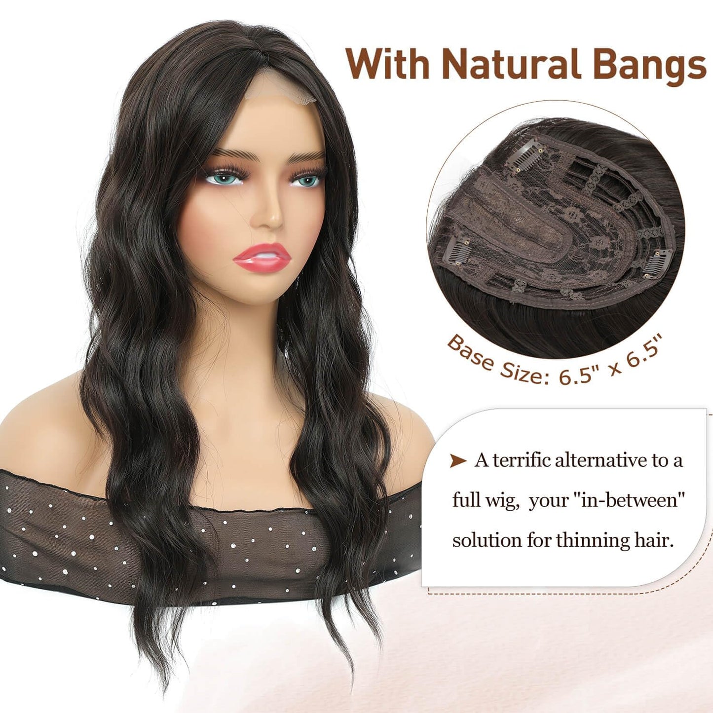 MORICHY 20 Inch Black Brown Long Curly Wavy Synthetic Hair Topper for Women with Bangs Clip in Hair Clip for Women