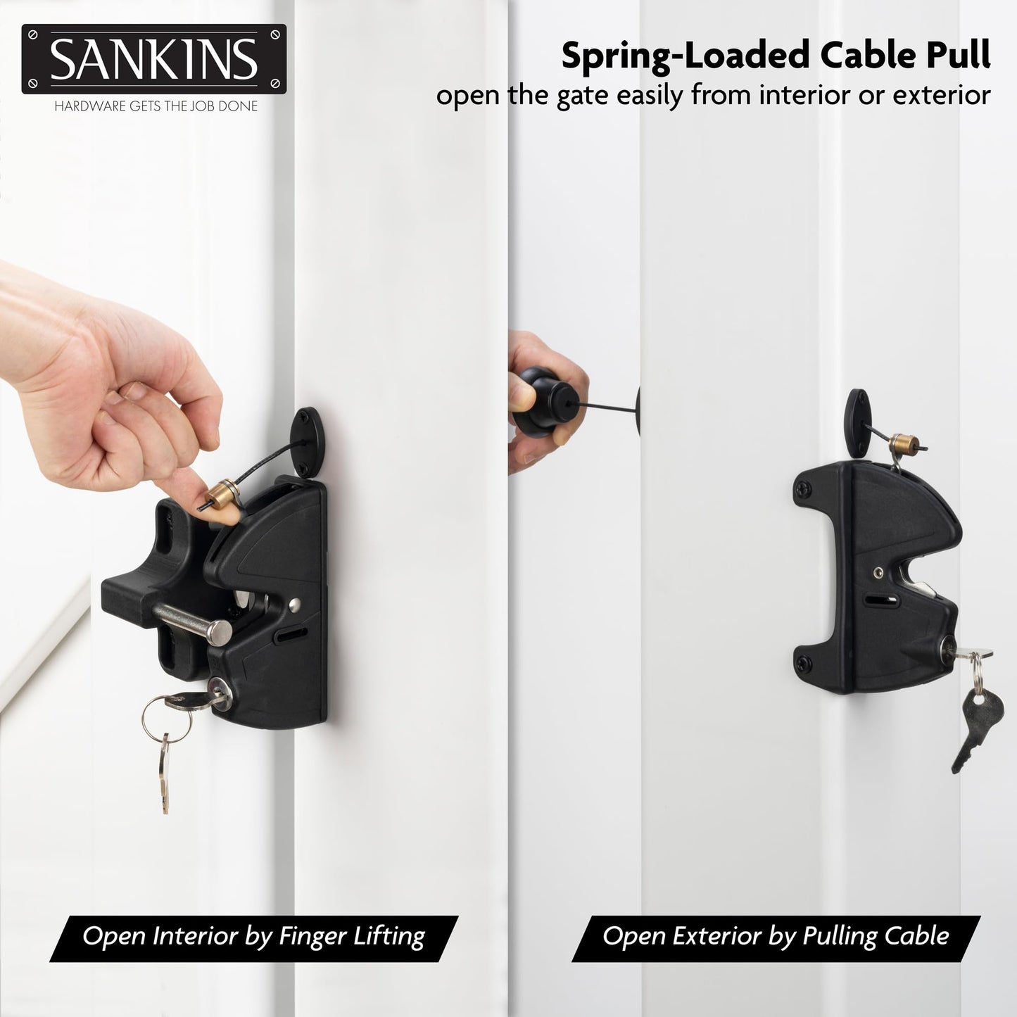 SANKINS Key Lockable Fence Gate Latch, 2 Sided Gate Lock Latch for Outdoor Fence, Keyed Fence Lock Latch with Spring Loaded Pull Cable, Fence Latch Gate Hardware for Wood, Vinyl, Metal Gates, Black
