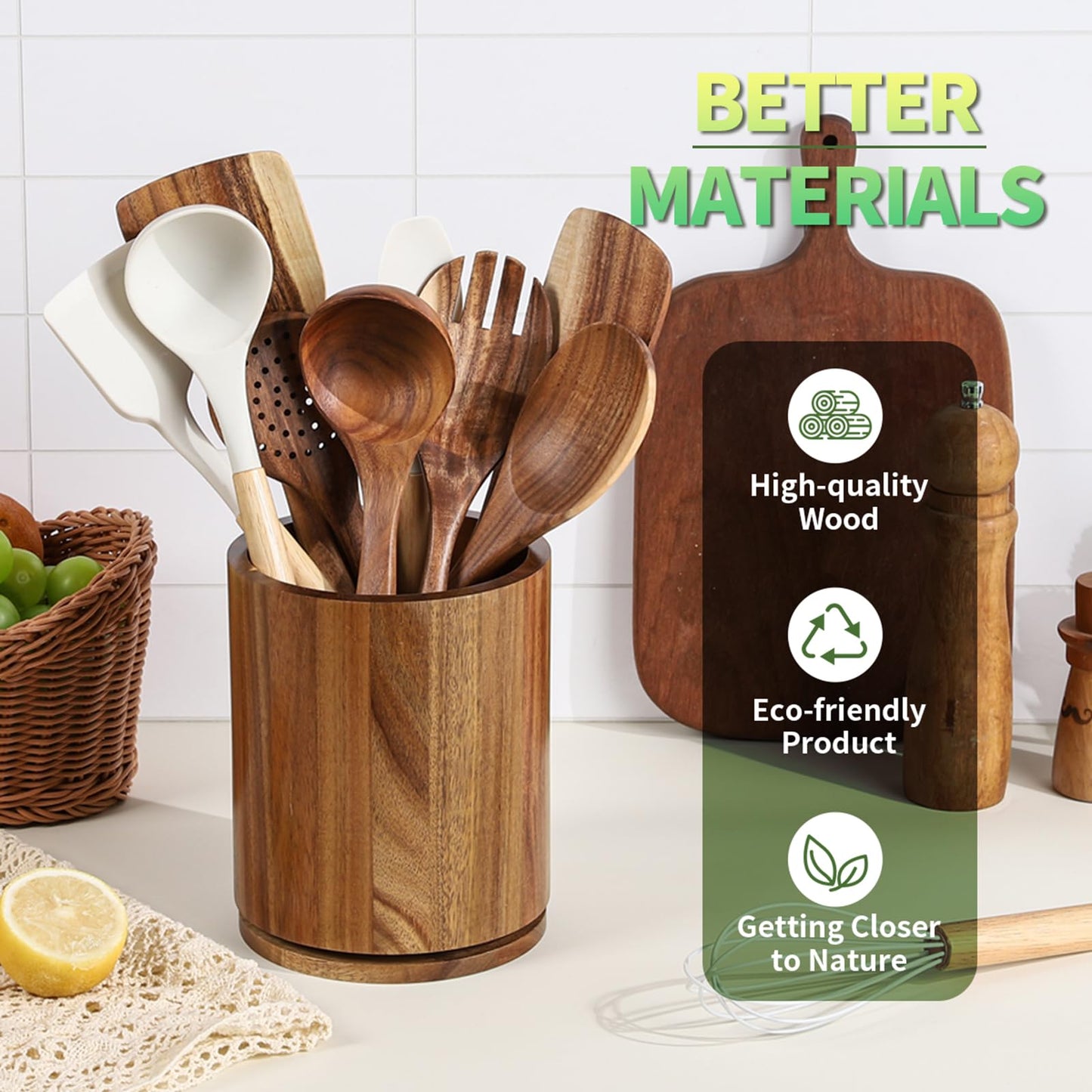 Wooden Utensil Holder, 360°Rotating 7.3'' Large Utensil Holder for Kitchen Counter, Kitchen Utensil Organizer, Cooking Utensil Crock, Farmhouse Kitchens Countertop Decor, Acacia Wood