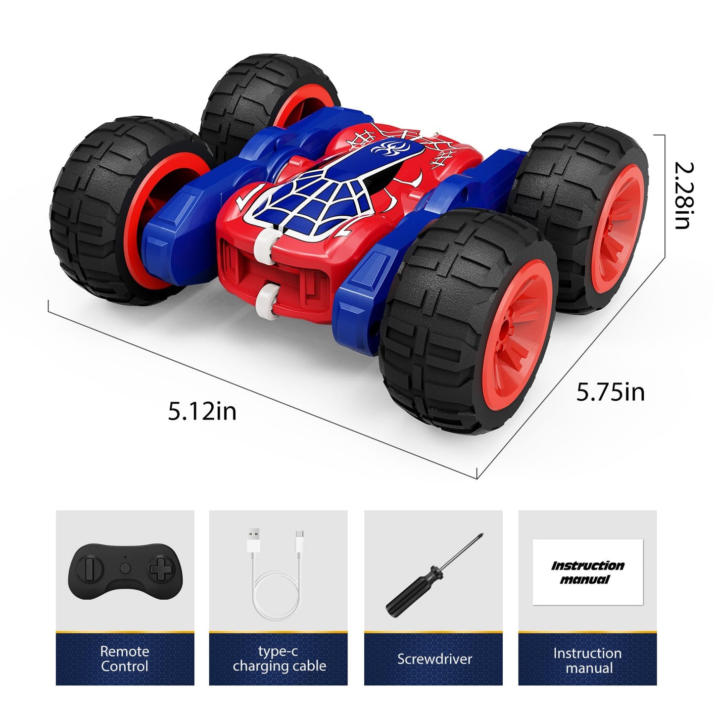 Tecnock Spider Remote Control Cars for Kids, 2.4GHz RC Car with Type-C Easy Charging, 4WD Double Sided 360° Rotates and Flips RC Stunt Car, Toys Gift for Boys and Girls
