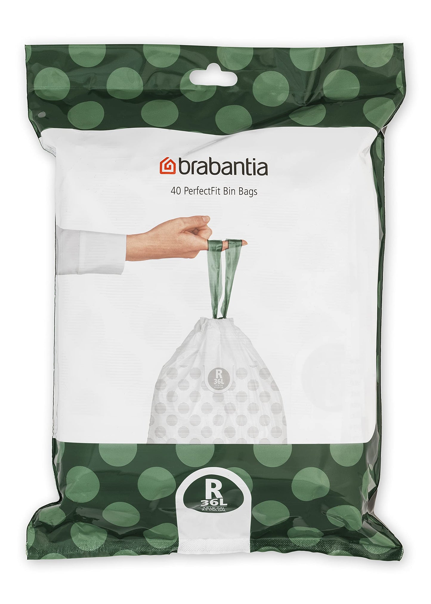 Brabantia PerfectFit Trash Bags (Size R/9.5 Gal) Thick Plastic Trash Can Liners with Drawstring Handles (40 Bags)