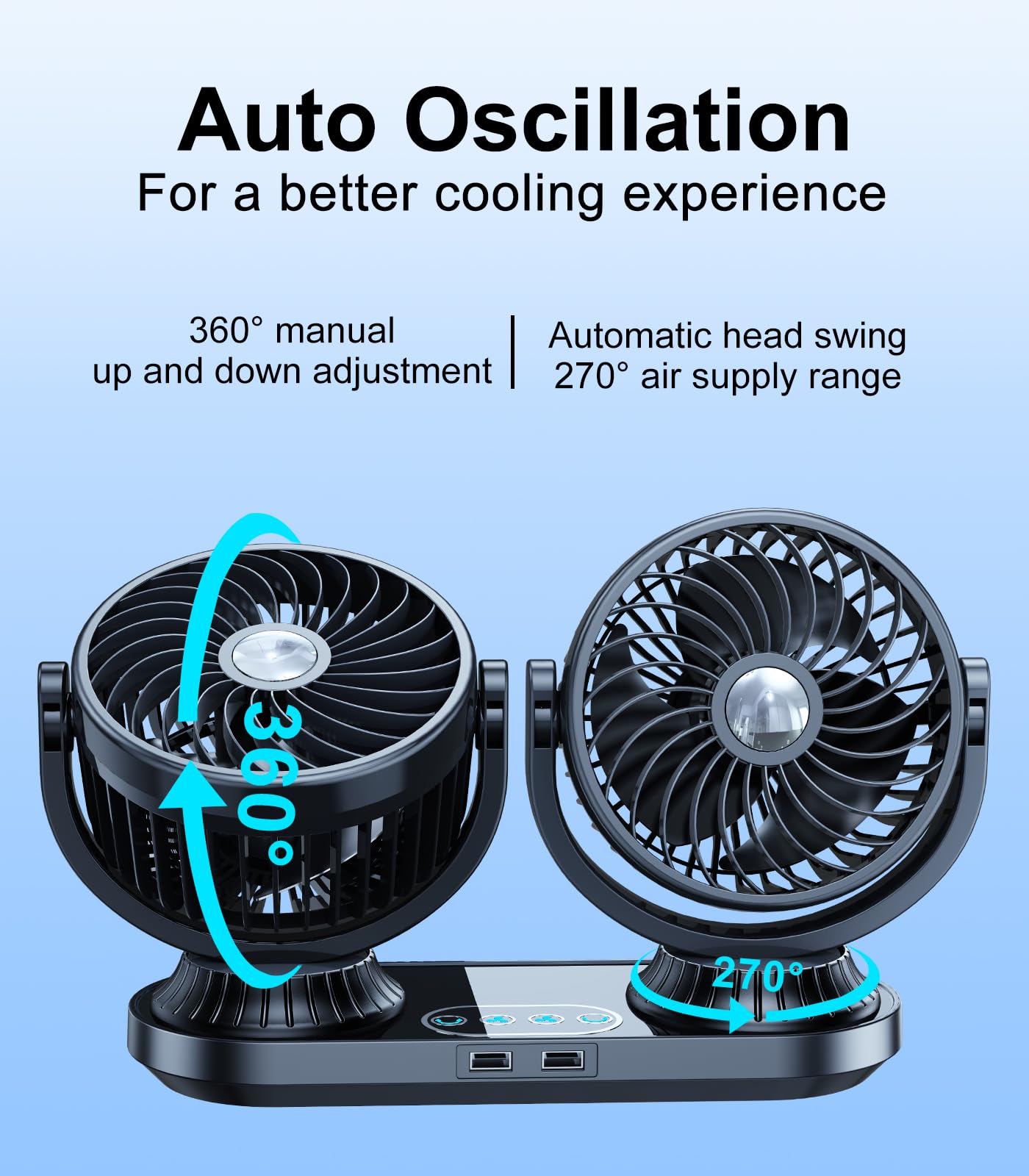 DICMKY Dual Head Auto Oscillating Car Cooling Fan for Dashboard, DC 12V / 24V Cigarette Lighter Plug Car Fans That Blow Cold Air Cooler for Vehicles Sedan SUV Rv Van Truck Utv Tractor Cab Without AC
