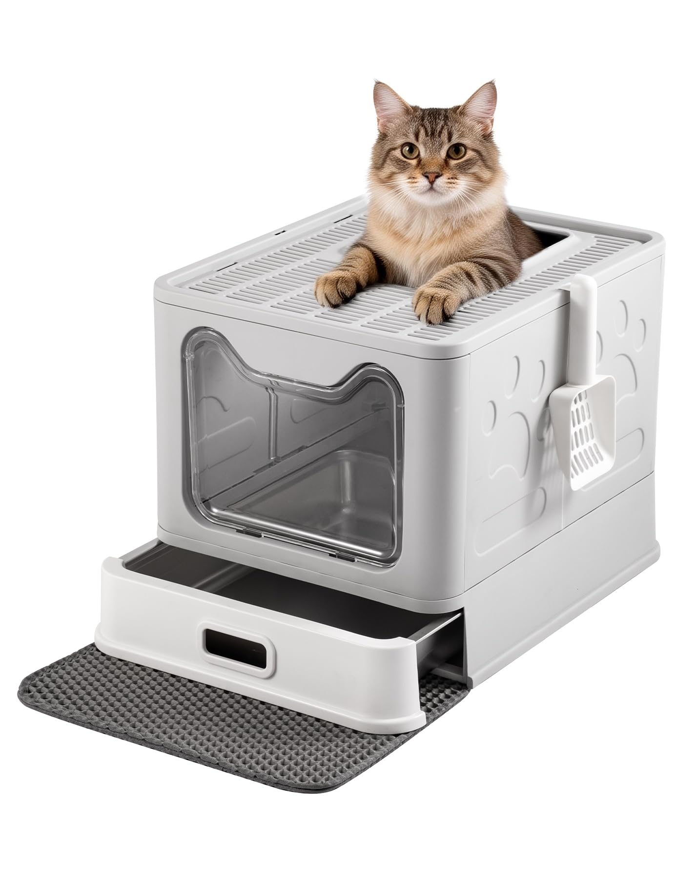 Mustry Stainless Steel Cat Litter Box, Large Enclosed Kitty Litter Box, Covered Metal Litter Box for Kittens to Large Cats, Drawer Design, Easy to Clean, Includes Scoop & Mat
