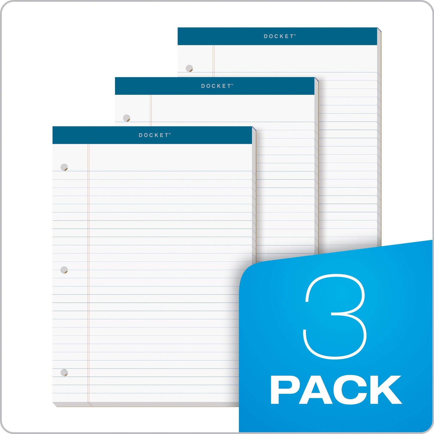 TOPS Double Docket Double Docket Writing Tablet with Extra Rigid Back, 8-1/2 x 11-3/4 Inches, Perforated, White, Legal/Wide Rule, 100 Sheets per Pad, 3 Pads per Pack (63393)