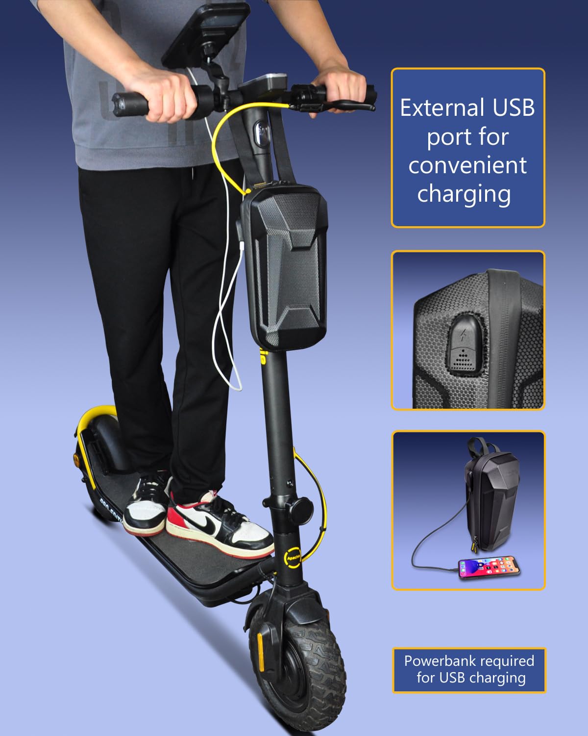Scooter Storage Bag with USB Charging Port, Adults Electric Scooter Handlebar Bag, Waterproof Front Hanging Bag for GYROCOPTERS/ECOROAD/EVERCROSS/Gotrax/Hiboy Scooter Accessories, 4L EVA Hard Shell