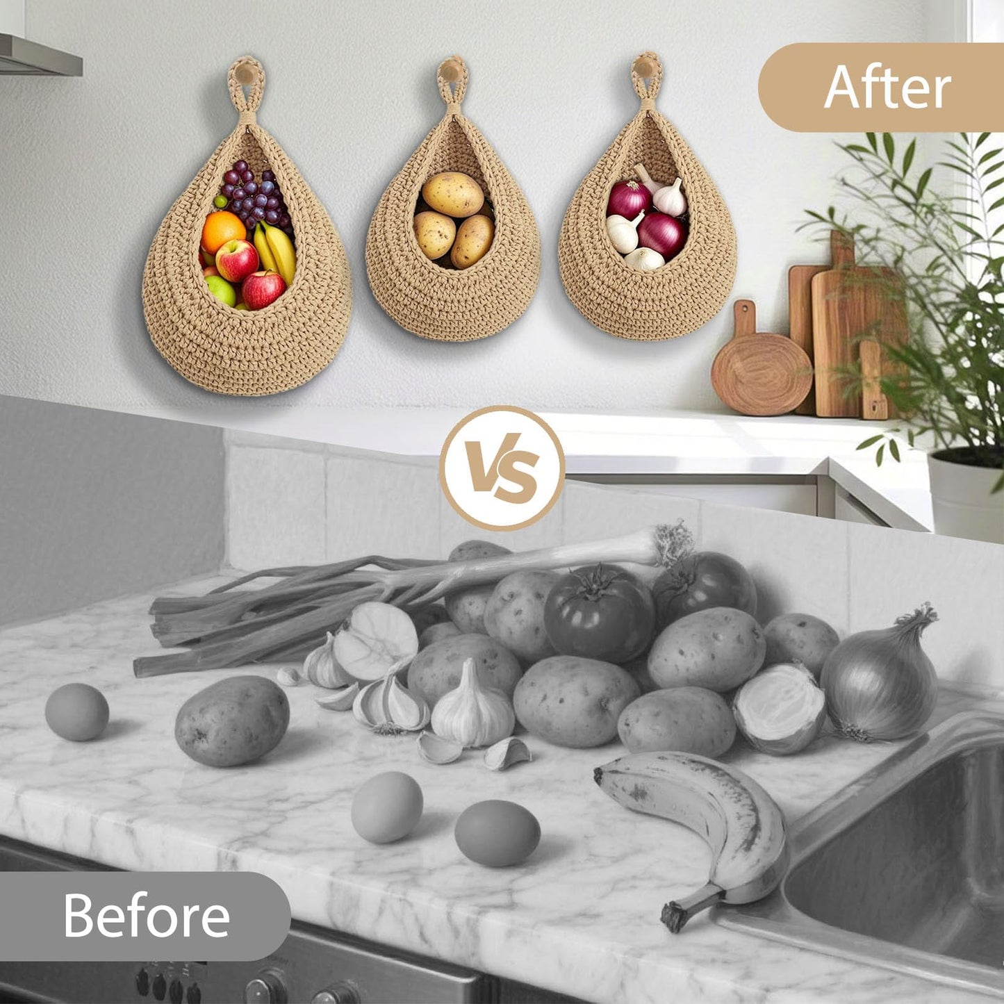 Halidali Hanging Fruit Baskets for Kitchen, 3 Pack Boho Cotton Rope Handwoven Vegetable Storage Wall Mounted Large Organizing Basket for Farmhouse Decor, Onion, Potato, Garlic and Plants