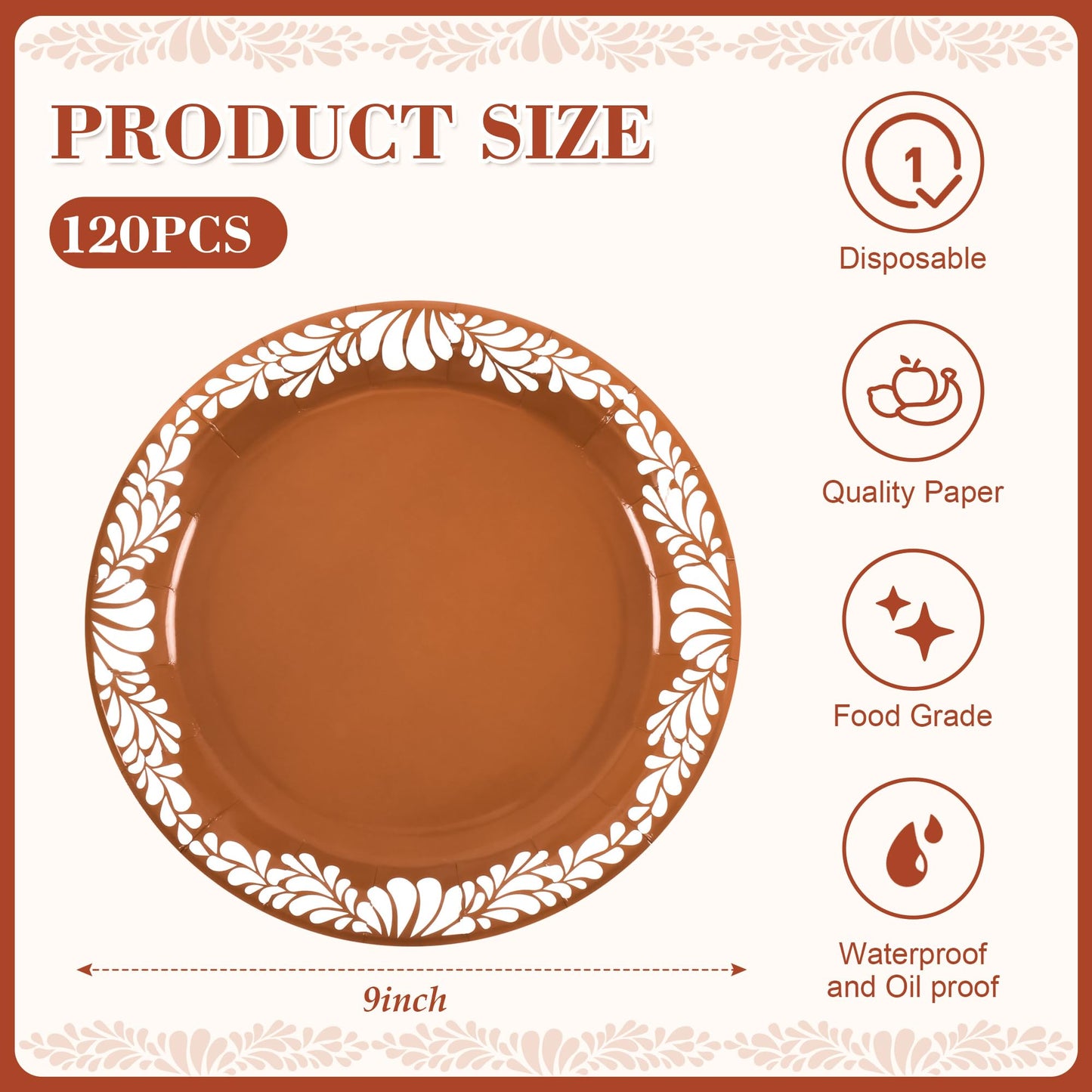Houuqe 120 PCS Platos De Barro Mexicanos Mexican Paper Plates Baby Shower Cielito Lindo Party Decoration- 9 Inch Mexican Terracotta Flower Clay Pottery Paper Plates for Cinco De Mayo Wedding Birthday