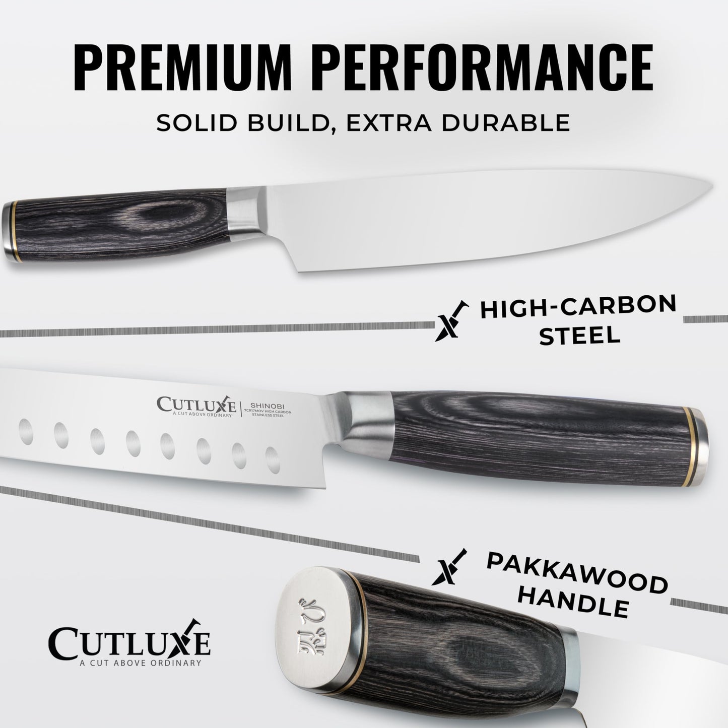 Shinobi Chef Knife Set, Professional 3 PCS Kitchen Knife Set – Japanese Kitchen Knife Design, Razor Sharp High Carbon Stainless Steel Blades, Ergonomic Pakkawood Handles, Full Tang by Cutluxe