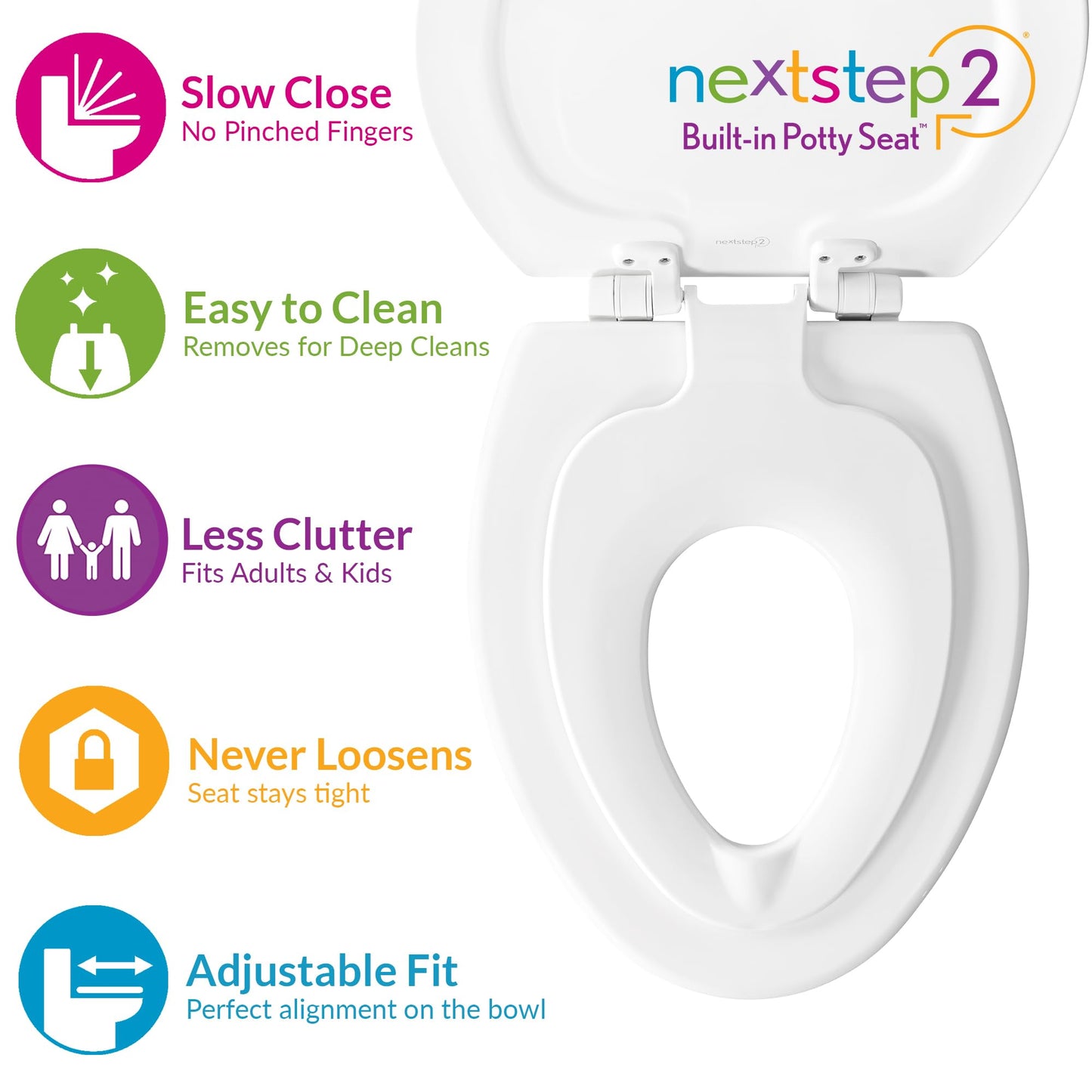 Mayfair NextStep2 888SLOW 000 Toilet Seat with Built-in Potty Training Seat, Slow-Close, Removable That Will Never Loosen, Round, White