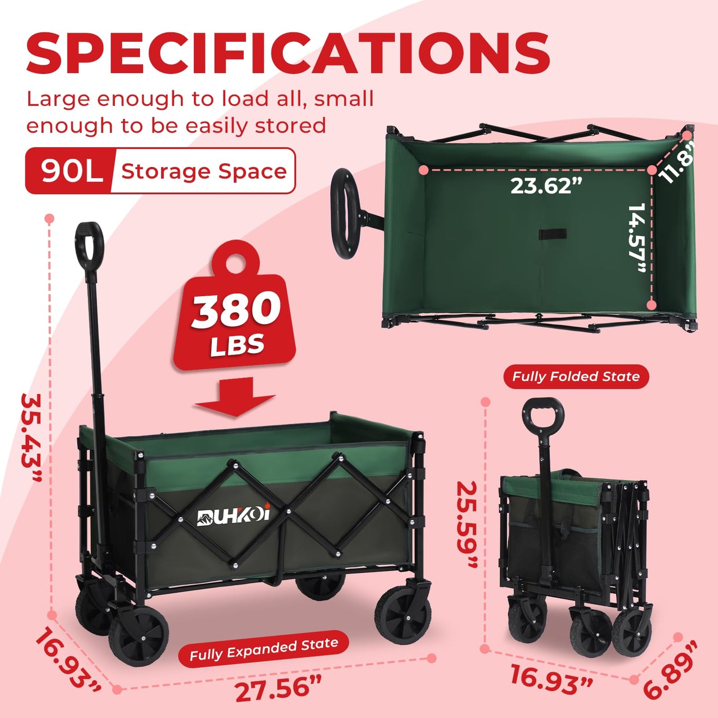Duhkoi Collapsible Wagon Cart with Wheels Foldable,11 lbs Lightweight Portable Folding Utility Wagon,90 L Heavy Duty Grocery Shopping Carts,Versatile for Garden Sports Camping Outdoor Use (Black Gray)