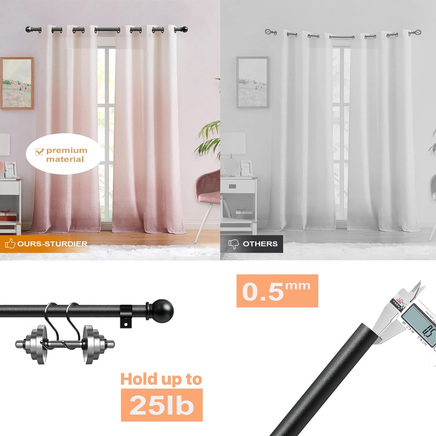2 Pack Black Curtain Rods 84-120, Long Adjustable Curtain Rod for Patio Outdoor, Sliding Glass Door, Decorative 5/8 Diameter Drapery Rod Set, Heavy Duty Metal Pole for Drape 10 ft