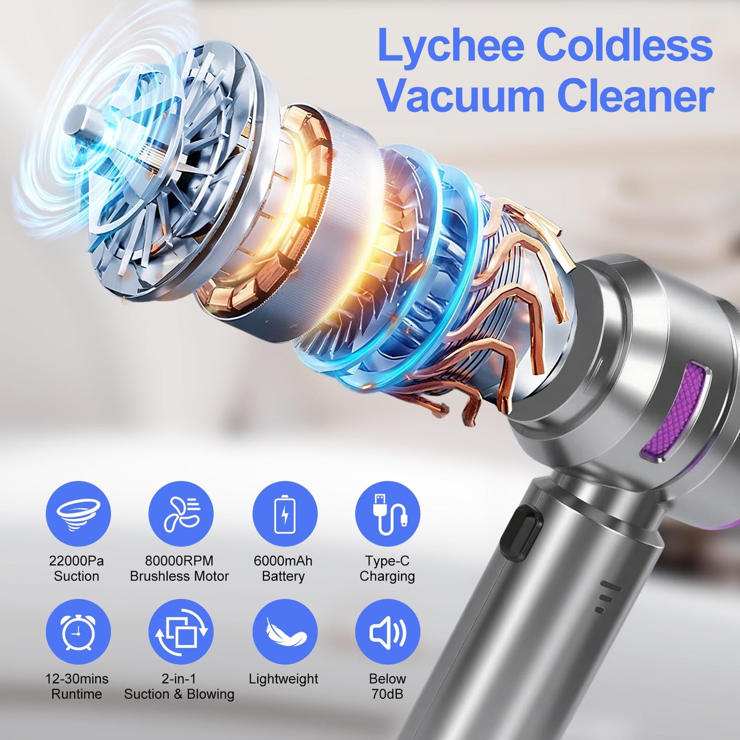 Handheld Car Vacuum Cleaner Cordless 22000Pa Powerful Cyclonic Suction Blowing Brushless Motor Portable Rechargeable Hand-held Air Duster/Blower/Pump for Vehicles Home Carpet Pet Hair Removal (Purple)
