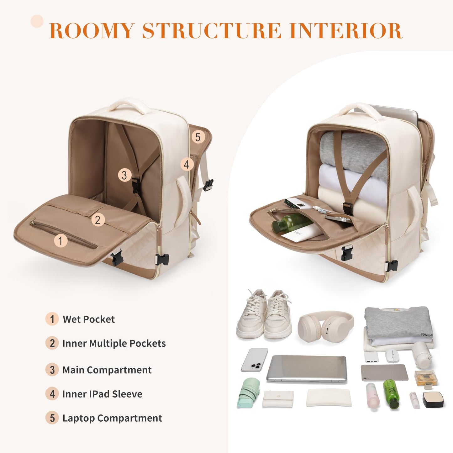 GOLF QUALITY Travel Backpack for Women Carry On Underseat Travel Bag Laptop Backpack Casual Daypack for Weekender Business,17 Inch, Beige