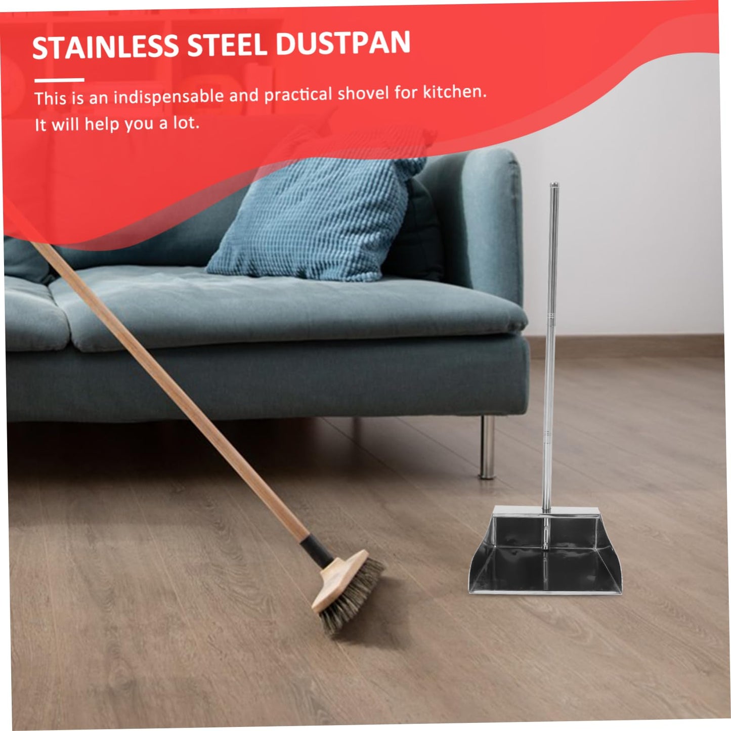 Mobestech Stainless Steel Dustpan with Long Handle No Bent Over Garbage Shovel Upright Home Cleaning Dust Pans 27.16In Large Capacity