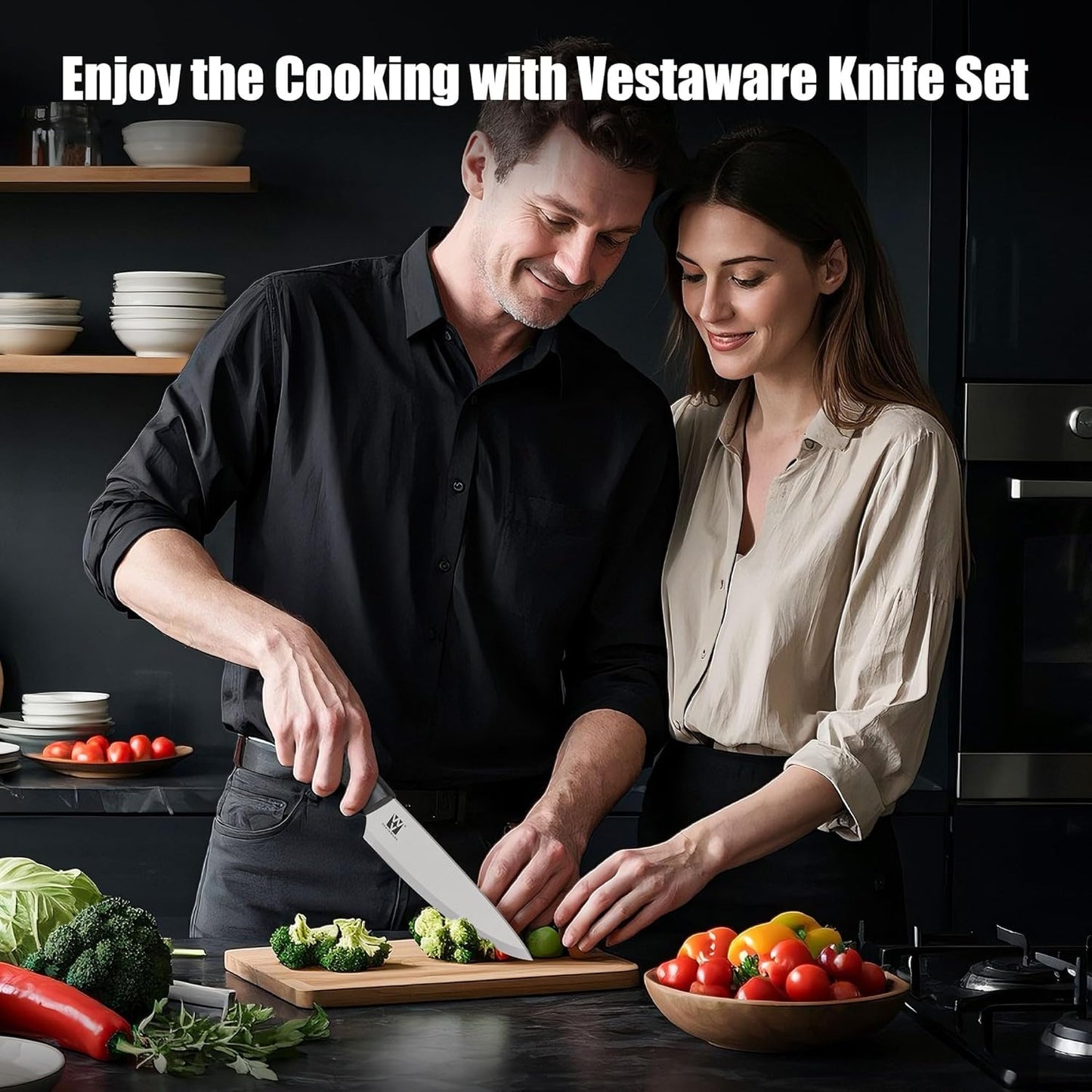 Vestaware Knife Set with Block, 14 PCS Sharp Kitchen Knife Set, Japanese Stainless Steel Kitchen Knife Set with Non-Slip Ergonomic Handle, Dishwasher Safe, Ideal Home Cooking Gift for Mom
