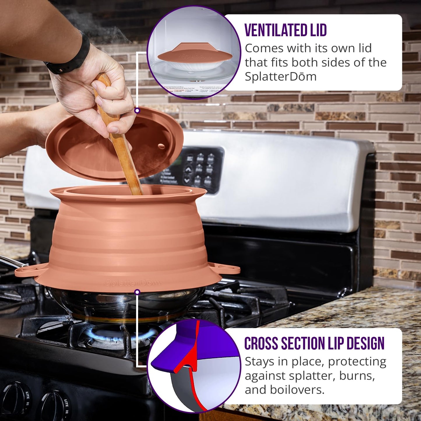 L.I.Q Silicone Splatter Guard – Fits 10 and 12 Inch Pots (25 and 30 Centimeters) – Microwave Safe and Durable SplatterDom - Includes 10” Lid - Food and Oil Splash Guard (Terra Cotta, Large)