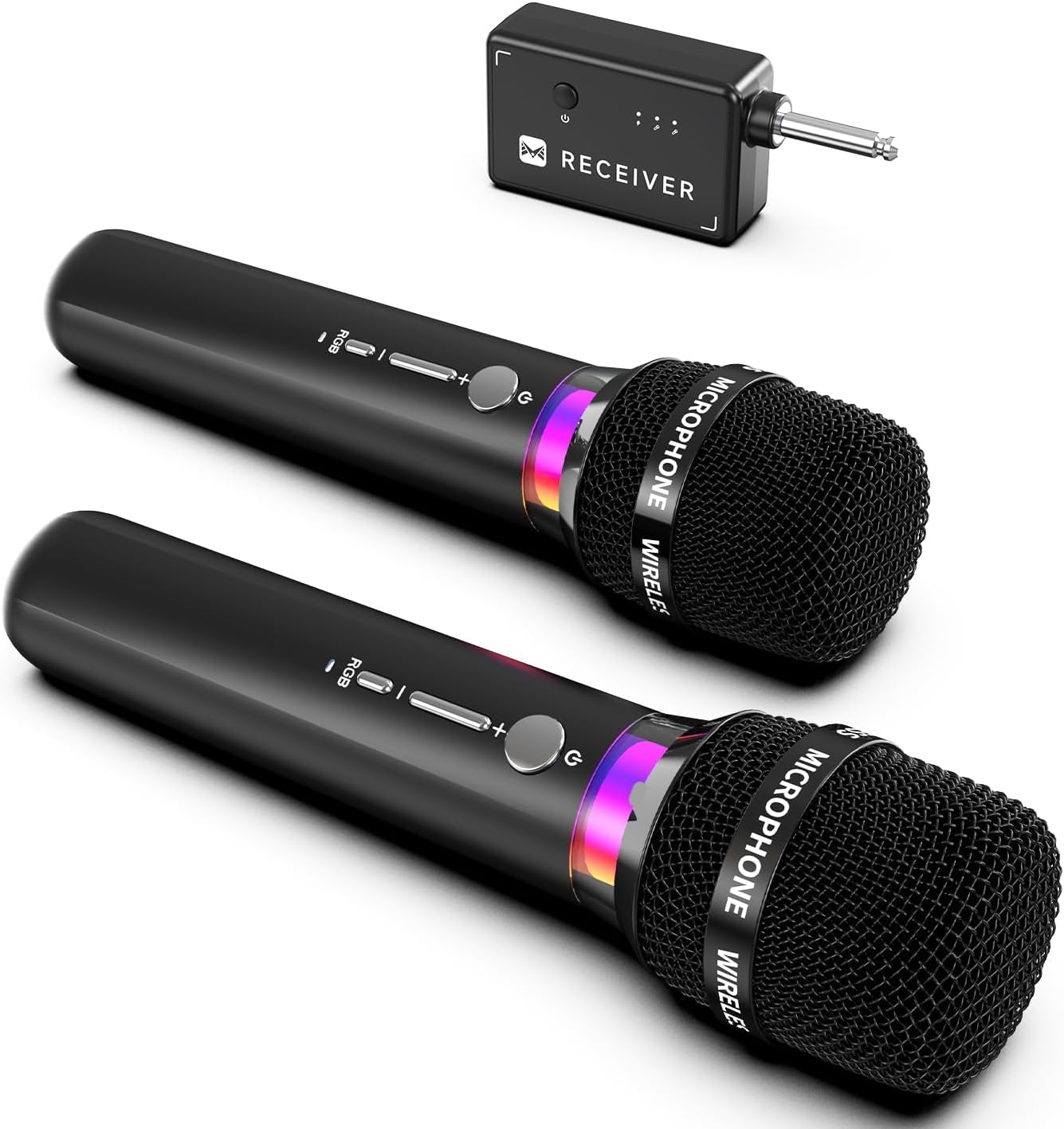 Wireless Microphone, Rechargeable Wireless Microphones with One-to-One Chip Connection and LED Lights, 40H Duration, 200FT Range Receiving, Less Latency Karaoke Microphone for Singing (Black)