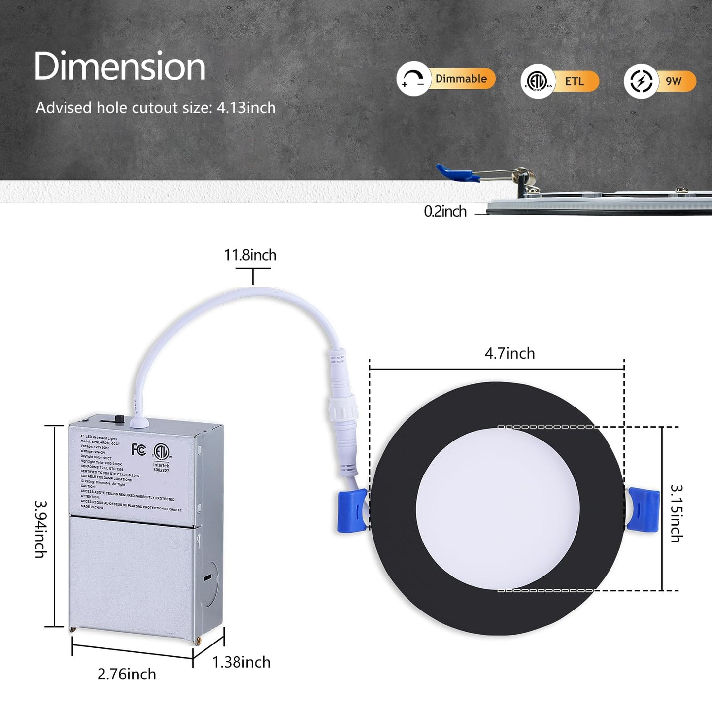 CycevSun Black Pot Lights LED 4 Inch Recessed Lighting with Night Light, Dimmable & 5CCT Selectable Slim Wafer Downlight, 9W, cETL, IC & Wet Rated, 8 Pack