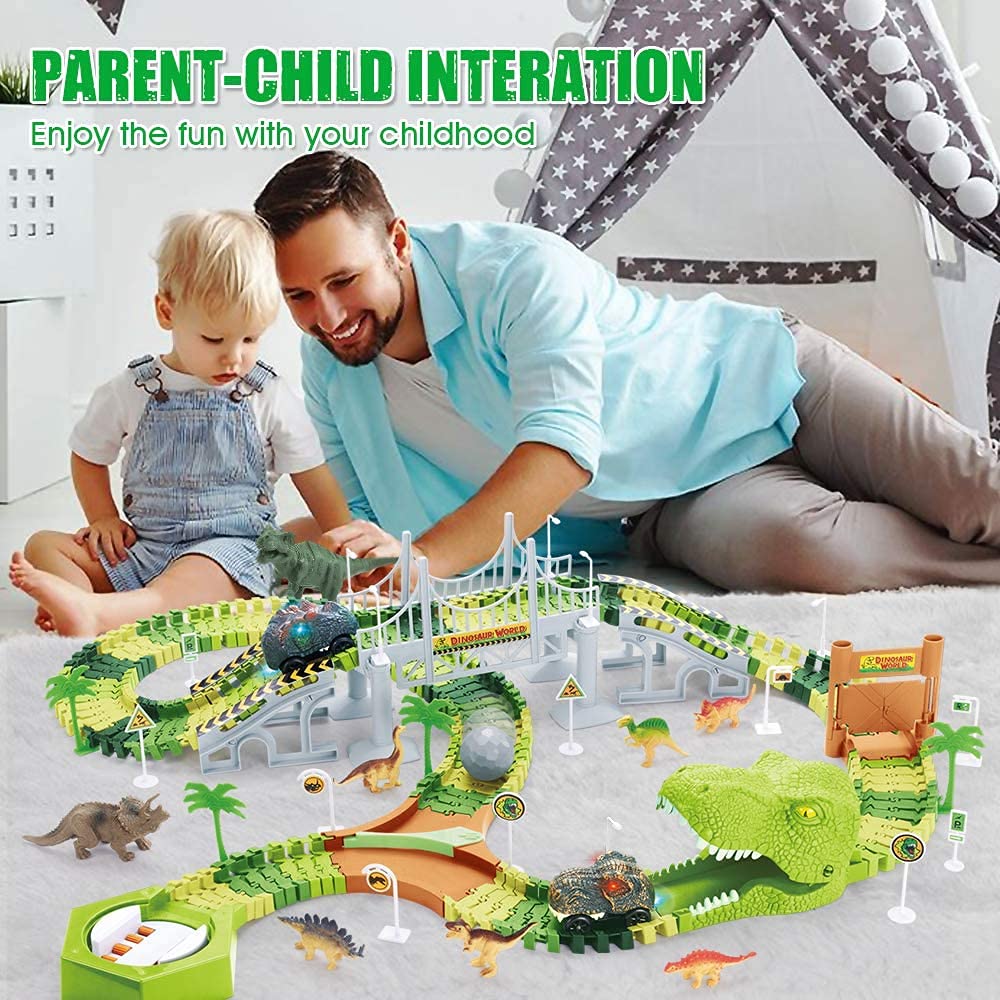 174 PCS Dinosaur Toys Race Track, Flexible Train Tracks with 8 Dinosaurs Figures, 2 Electric Race Cars Vehicle Playset with Lights to Create A Dinosaur World Road Race for Toddlers Kids Boys Girls