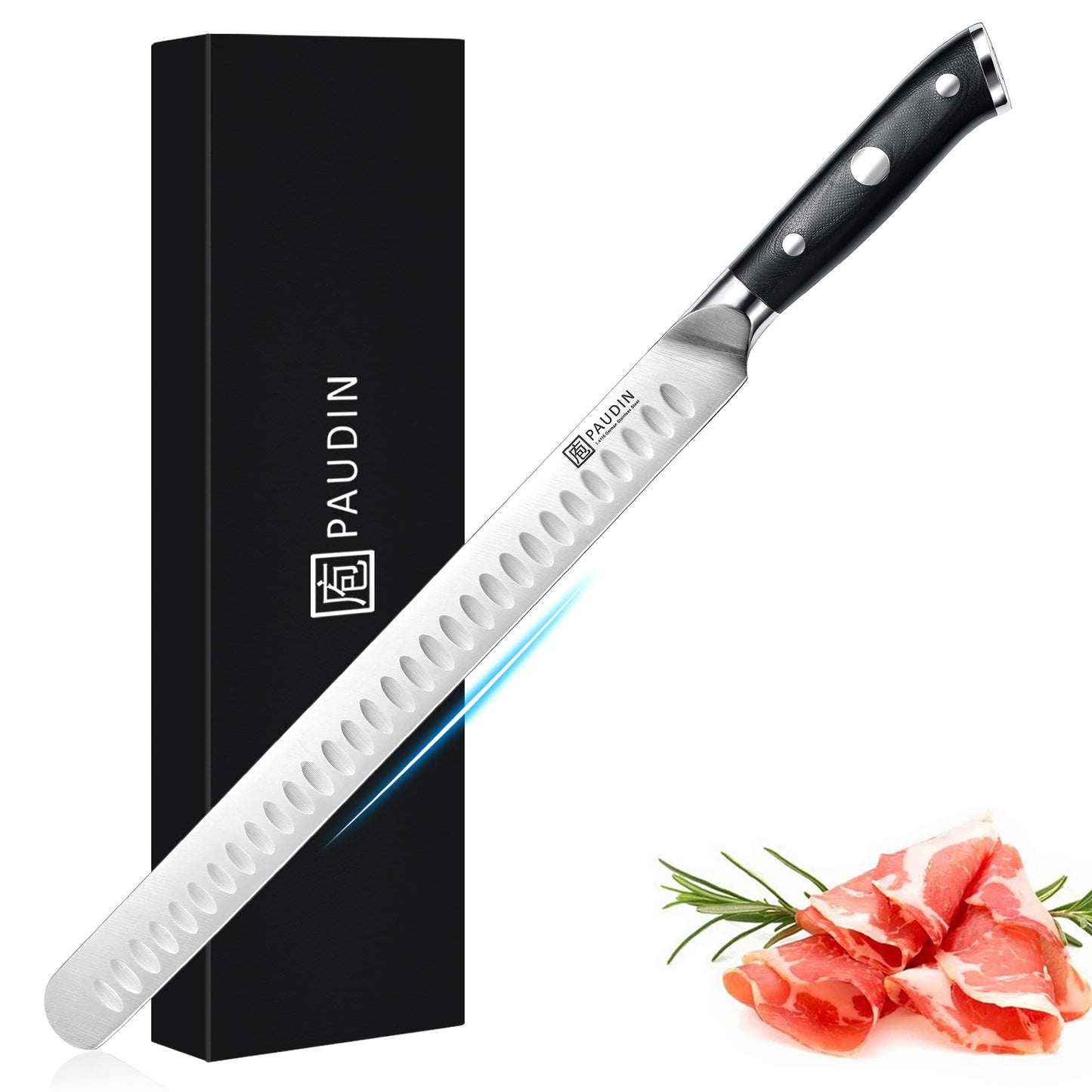 PAUDIN Carving Knife 12 Inch, Premium Brisket Knife, Full Tang Design with Granton Blade and Ergonomic G10 Handle, for Cutting Ham Roast Ribs Turkey, Ideal Gifts for Father's Day (Dishwasher Safe)