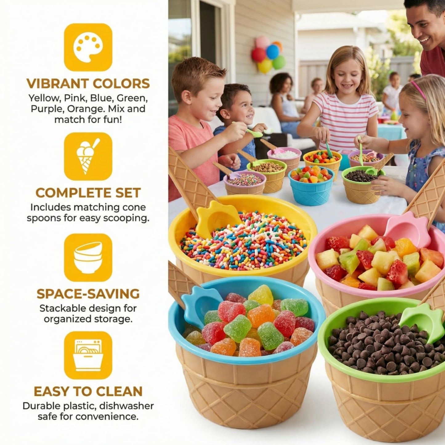 Lawei 24 Pack Plastic Ice Cream Bowls with Spoons, Reusable Fun Ice Cream Cups Bulks, 6 Cartoon Candy Color Cute Ice Cream Dessert Bowls Set for Sundae Frozen Yogurt Summer Holiday Parties