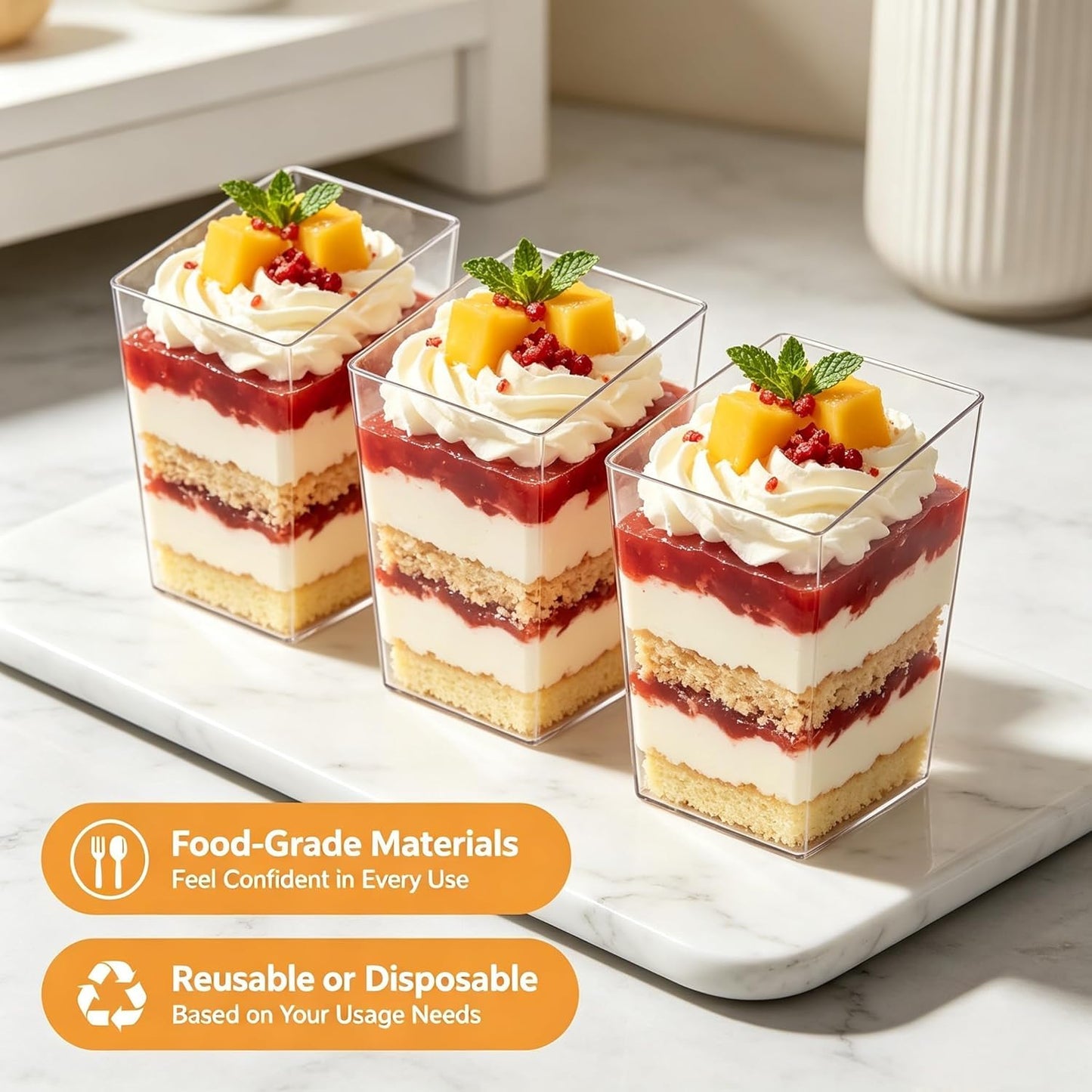 Okllen 100 Pack 3 Oz Mini Dessert Cups with Spoons, Clear Slanted Square Dessert Tumbler Thick Plastic Shot Glasses, Appetizer Parfait Cups Small Serving Bowls for Ice Cream, Puddings, Tasting Party