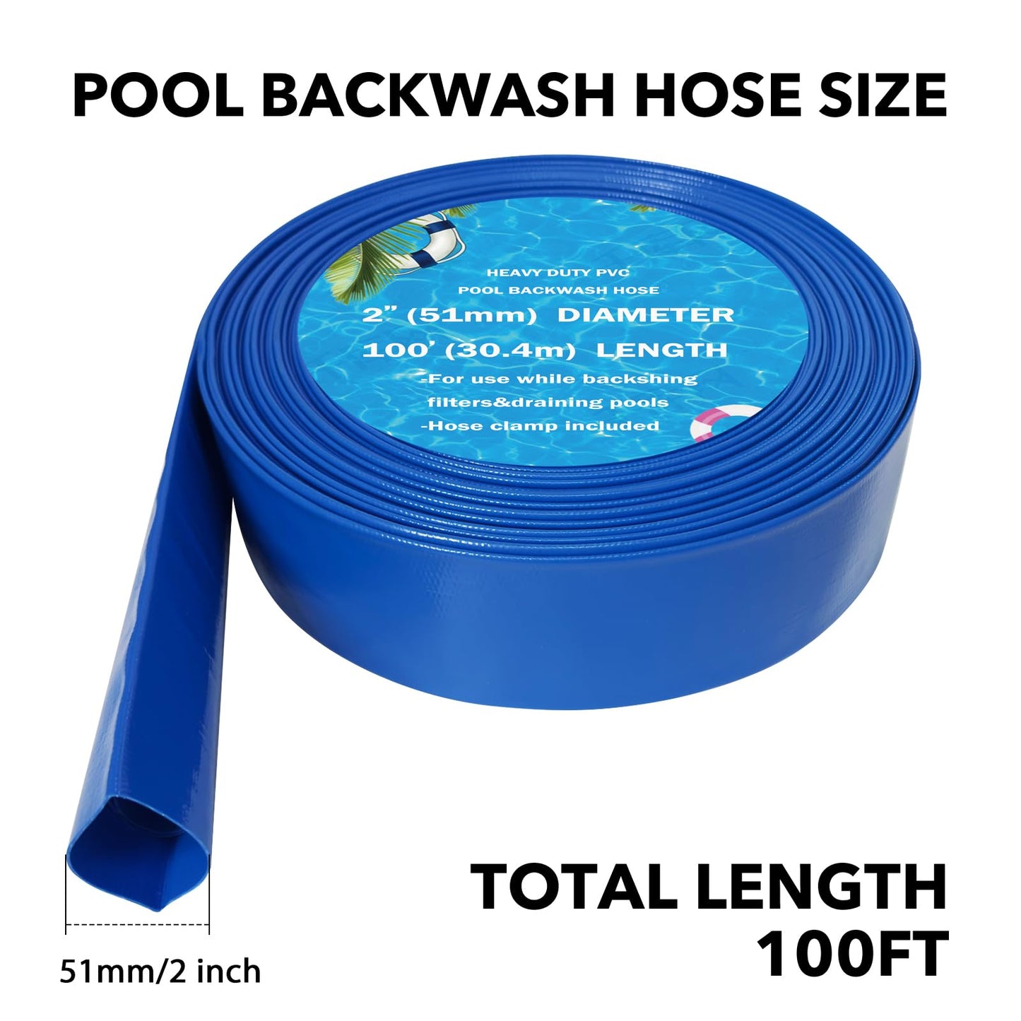 YASHINE 2"*100ft Pool Backwash Hose, Extra Heavy Duty PVC Hose, Weather and Burst Resistant Lay Flat Water Hose,for Swimming Pool Drain, Pool Filter, Sump Pump with 2 Clamps