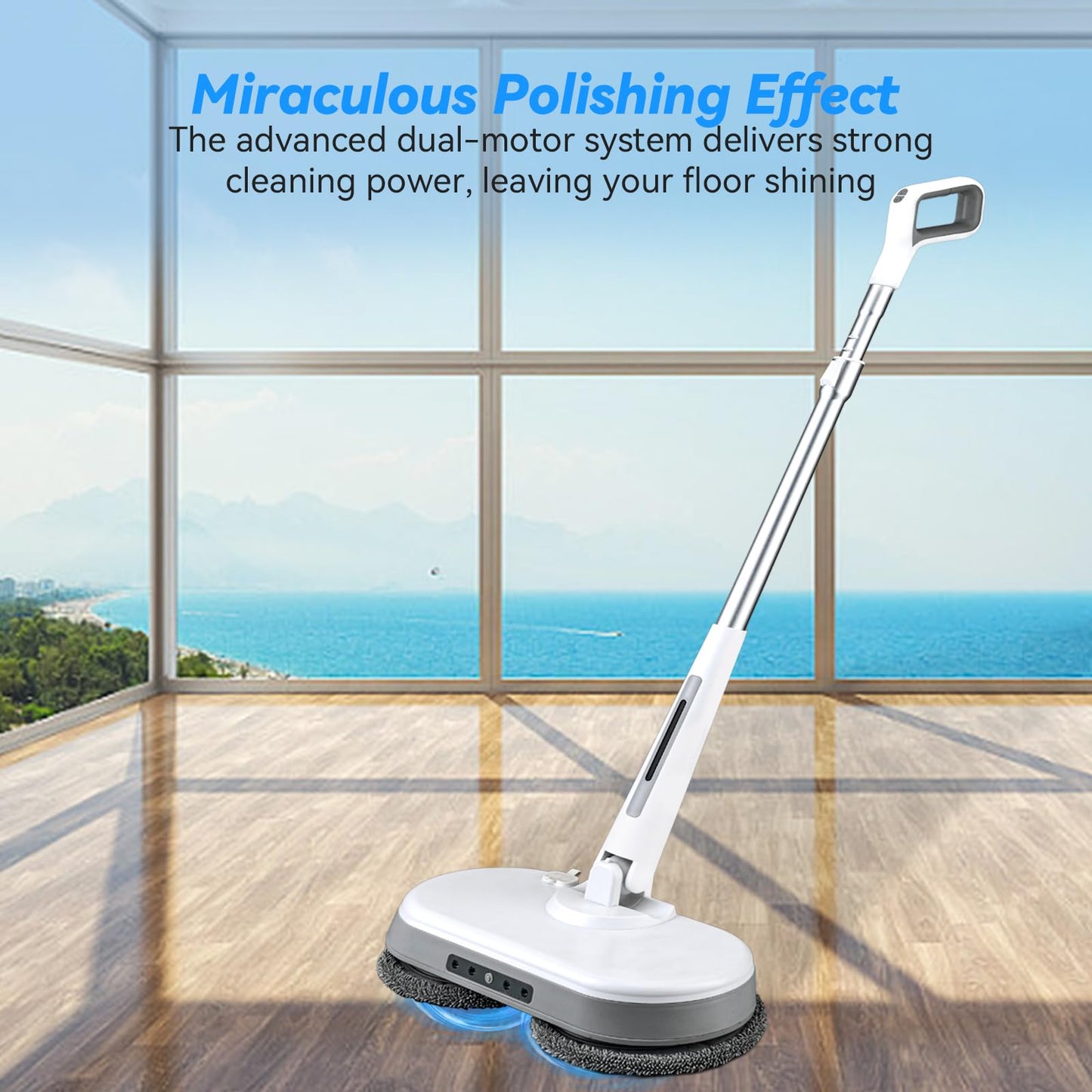 Cordless Electric Mop, Dual Motor Powerful Spin Mop 2000 mAh, Floor Polisher,1H Rechargeable Power Mops with LED Light/Water Sprayer, Electric Mops for Floor Cleaning for Hardwood, Tile, Rotate 180°