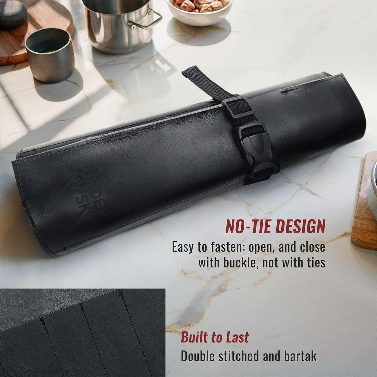 Under NY Sky Genuine Leather Knife Roll Case - 6 Slots - Real Leather Pouch - Portable Bag for Cooking Tools, Utensils, Cutlery Knives, Brushes - Chefs, Kitchen, Travel, Gift (Knife Roll Black)