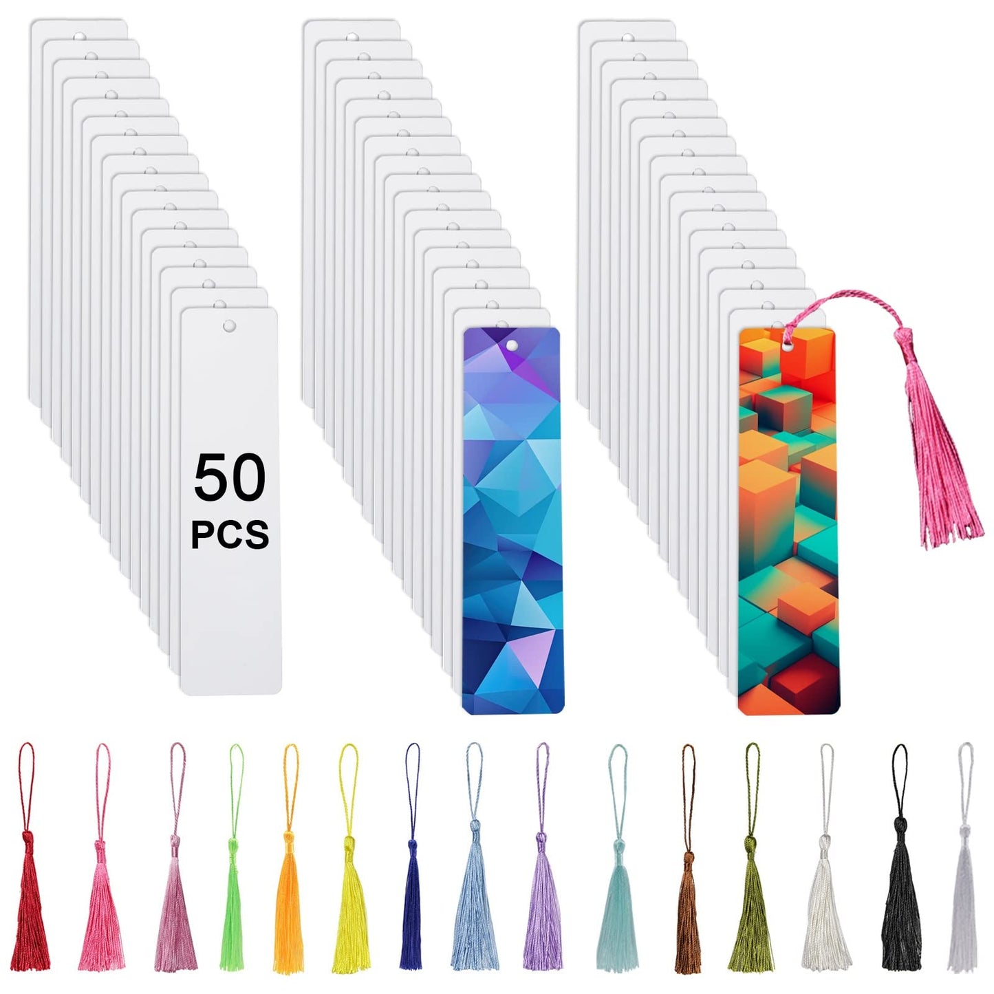 50 Pcs Sublimation Bookmark Blank Heat Transfer Aluminum Metal Bookmarks Bulk DIY Bookmarks with Hole and Colorful Tassels for Crafts,Personalized Tassels Blank Bookmark