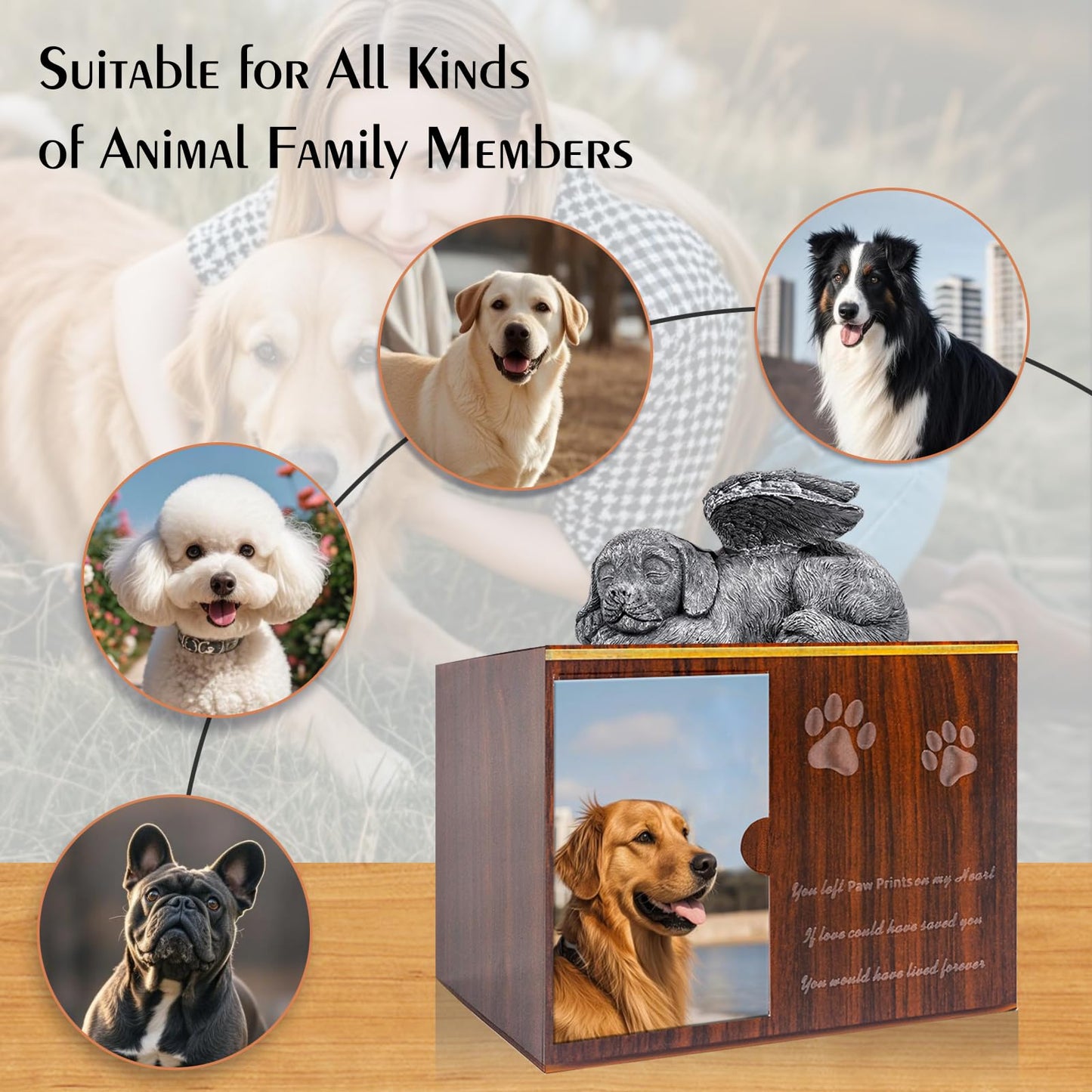 Cityjoy Dog Urn for Ashes, Large Wooden Texture Acrylic Memorial Urn with Angel Dog Statue, Pet Urns for Dogs Ashes Keepsake Box, Sympathy Remembrance Gift for Loss of Beloved Pet Urns for Dogs