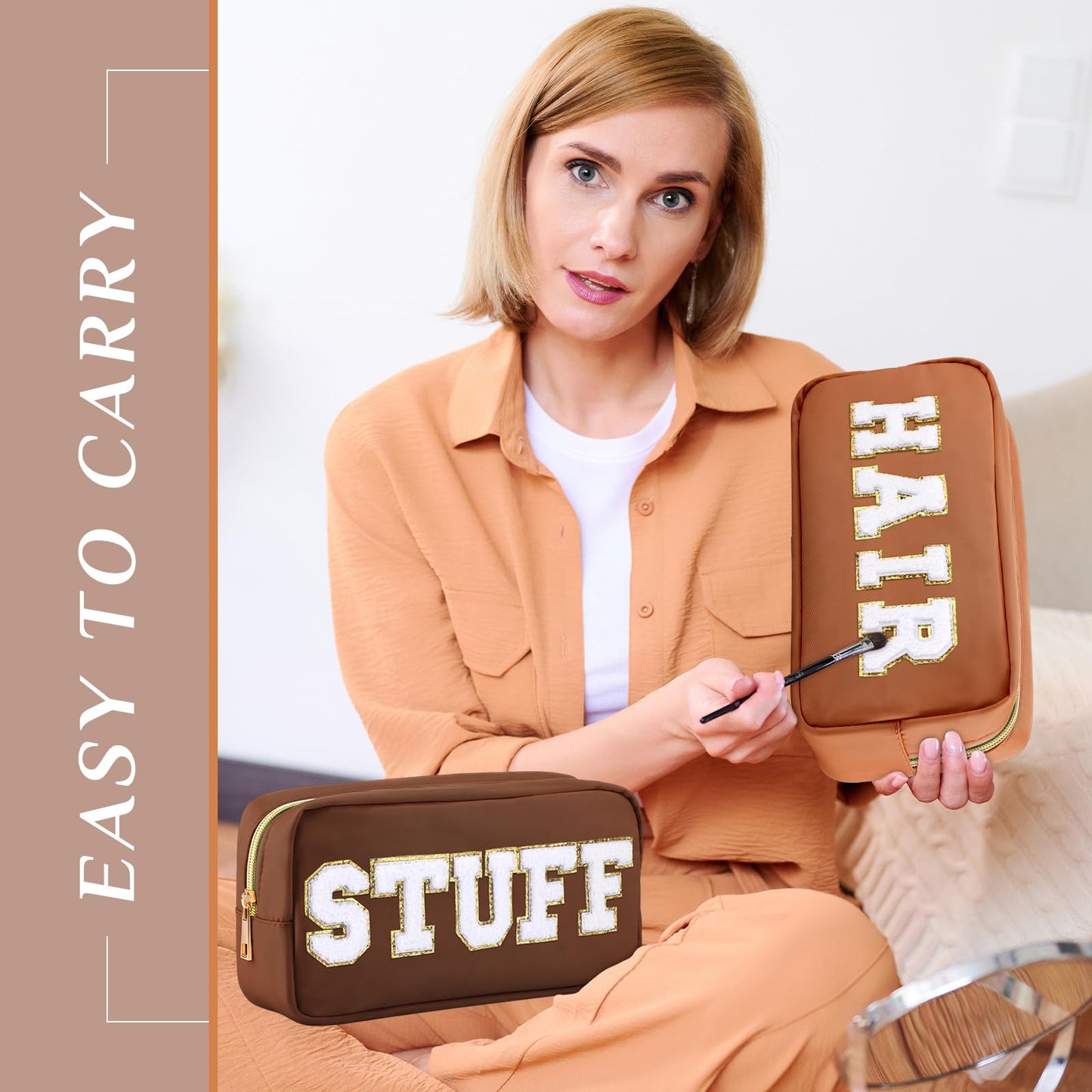 Remerry 4 PCS Nylon Cosmetic Bags Waterproof Spacious Travel Makeup Organizer for Women Chenille Letter Preppy Zipper Pouch Face Stuff Skin Hair Organizer Gift(Brown Series)