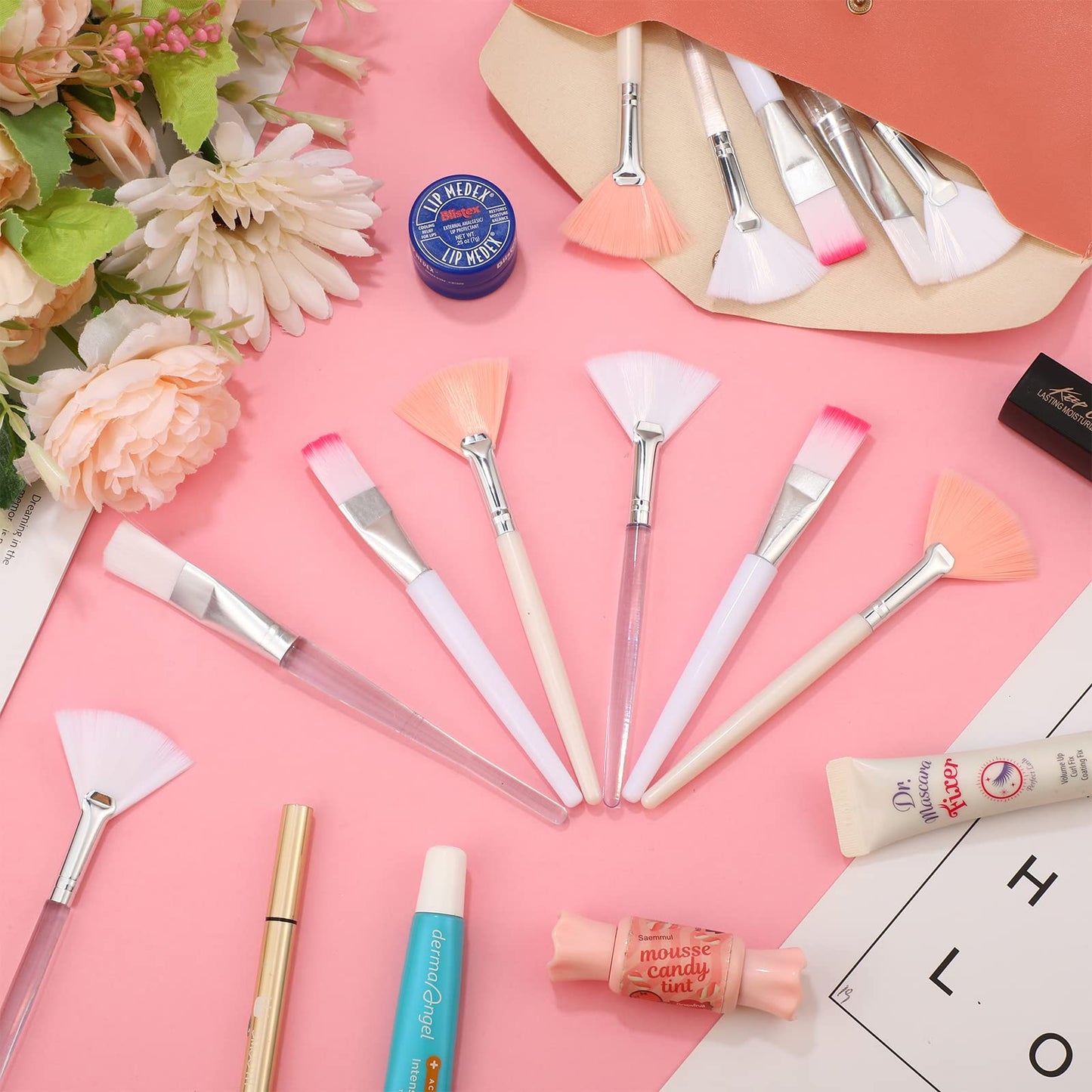 32 Pcs Face Mask Fan Brush Applicator Set Soft Fan Brush Flat Head Facial Esthetician Mask Cosmetic Makeup Tools for Eyelash Extension Peel Mud Clay face Cream(Pink)